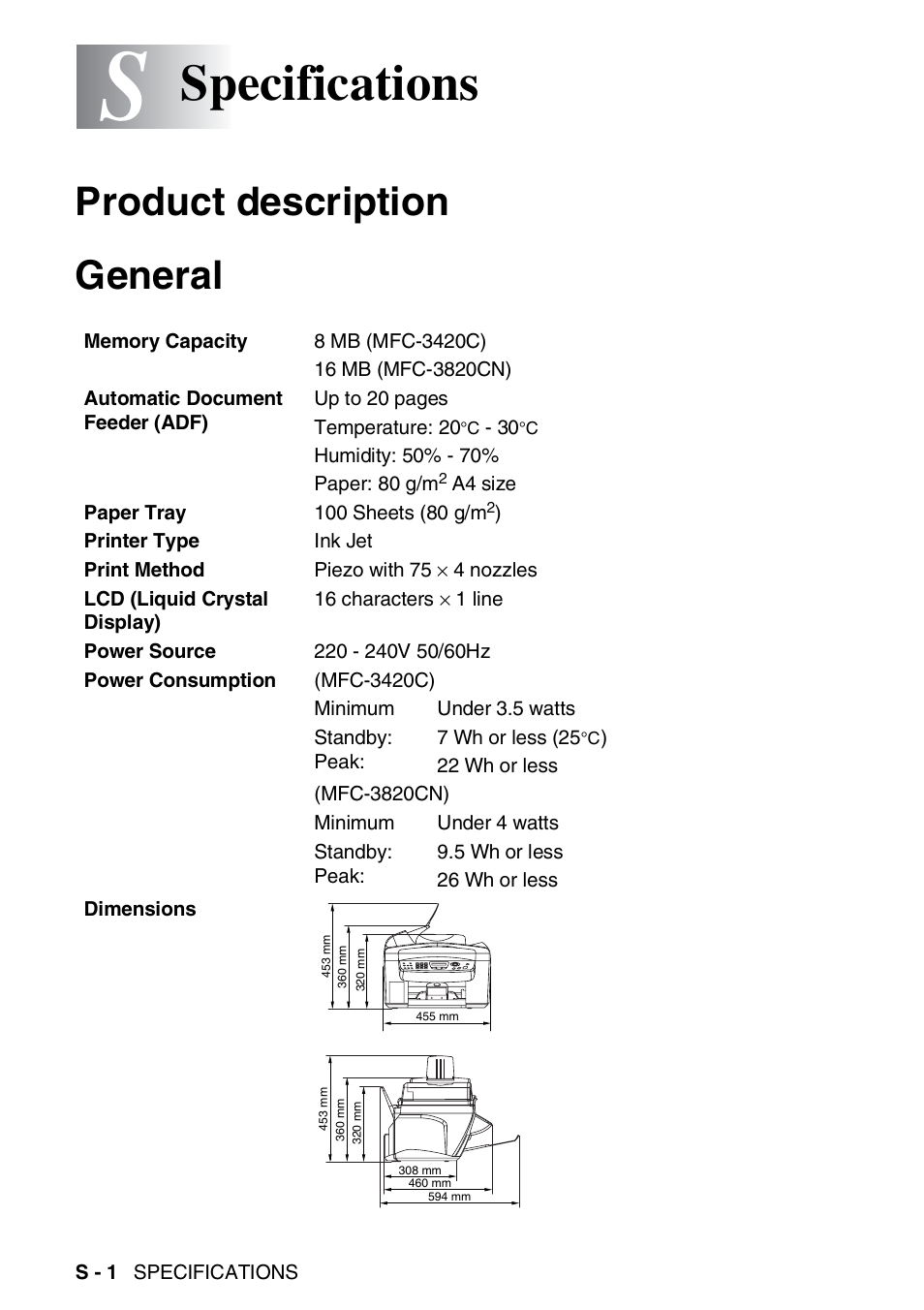Specifications, Product description, General | Product description general | Nordic Star Products MFC-3420C User Manual | Page 176 / 190