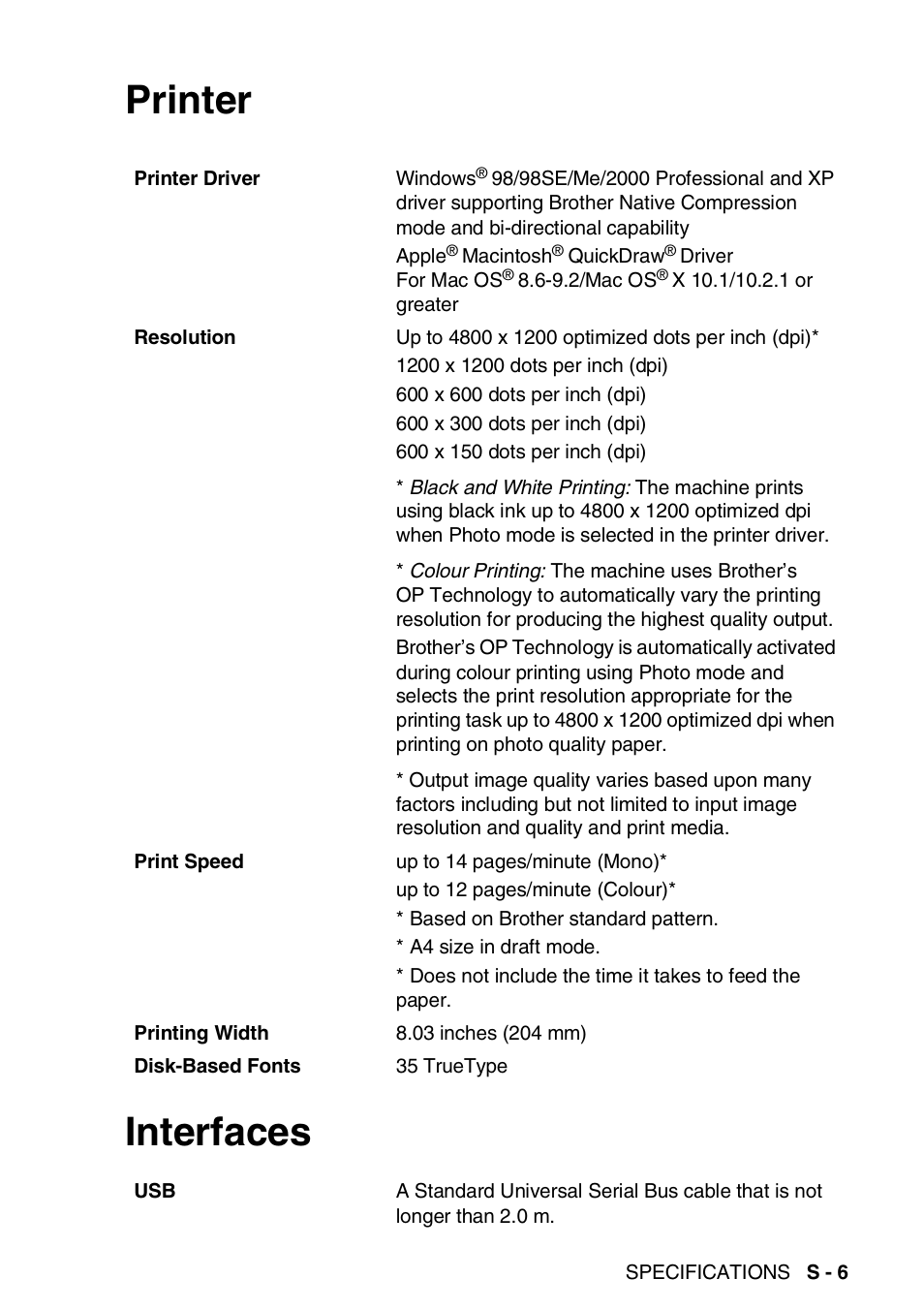 Printer, Interfaces, Printer interfaces | Nordic Star Products MFC-3420C User Manual | Page 181 / 190