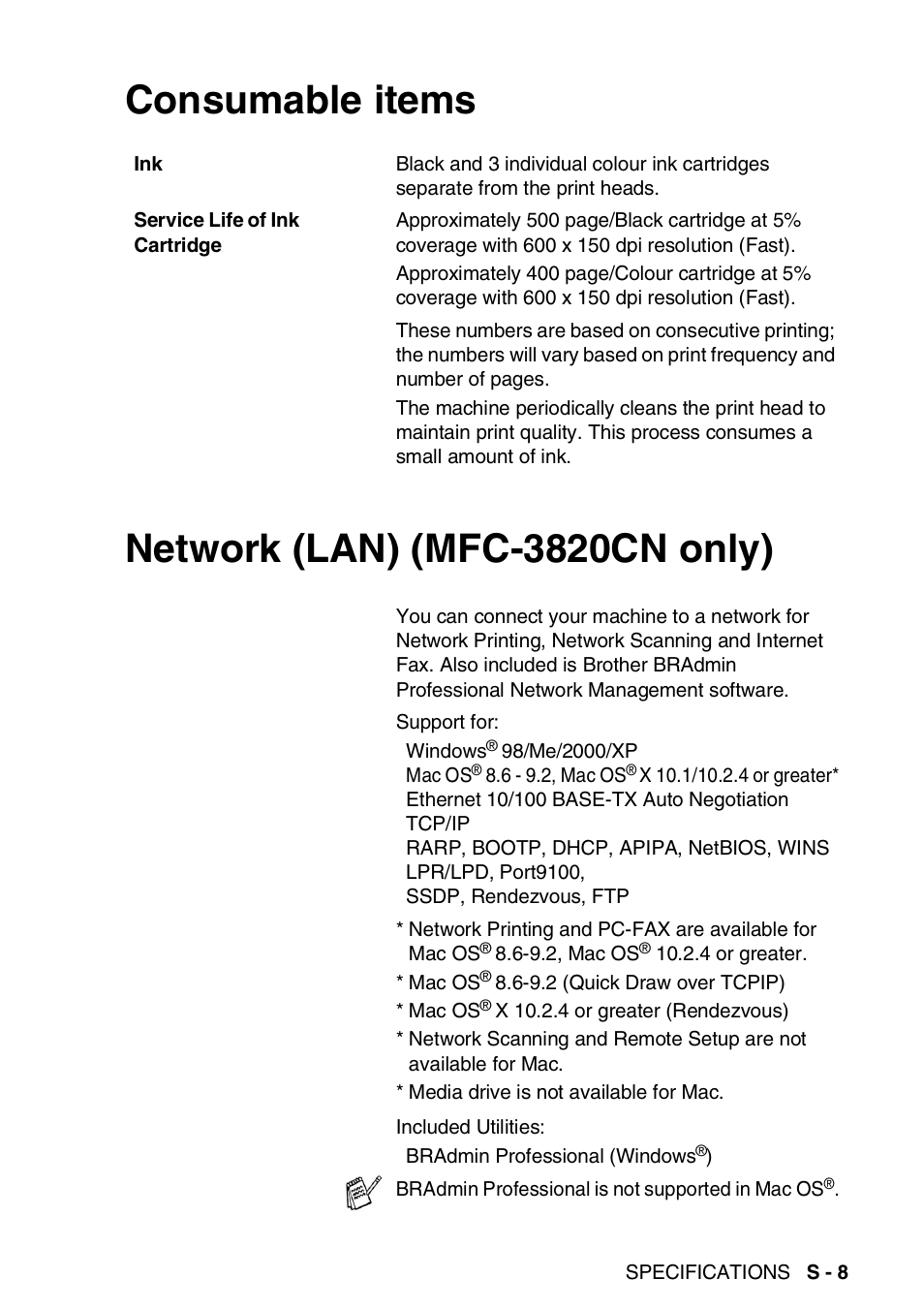Consumable items, Network (lan) (mfc-3820cn only), Consumable items network (lan) (mfc-3820cn only) | Nordic Star Products MFC-3420C User Manual | Page 183 / 190