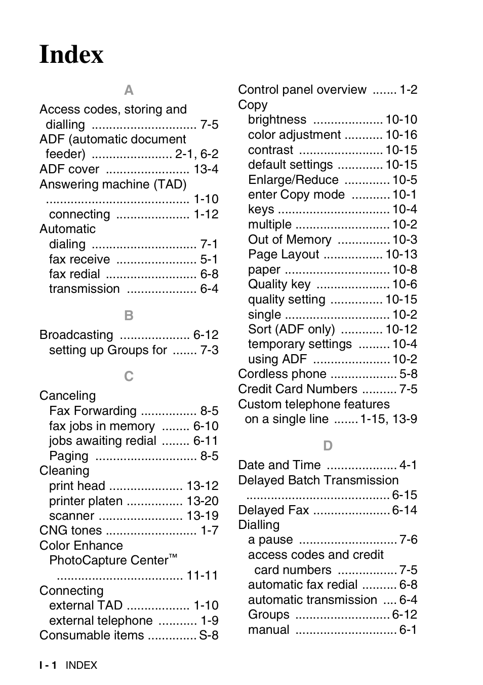 Index | Nordic Star Products MFC-3420C User Manual | Page 184 / 190