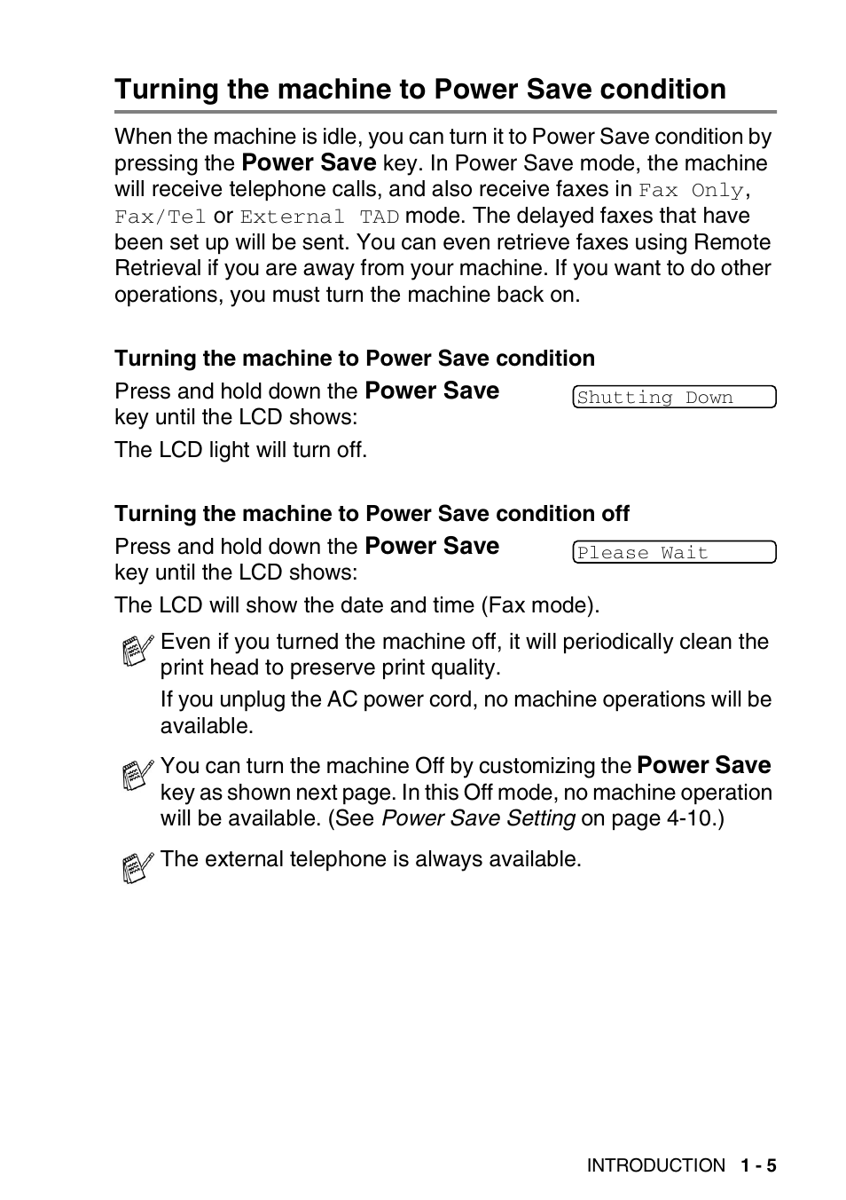 Turning the machine to power save condition, Turning the machine to power save condition -5 | Nordic Star Products MFC-3420C User Manual | Page 21 / 190