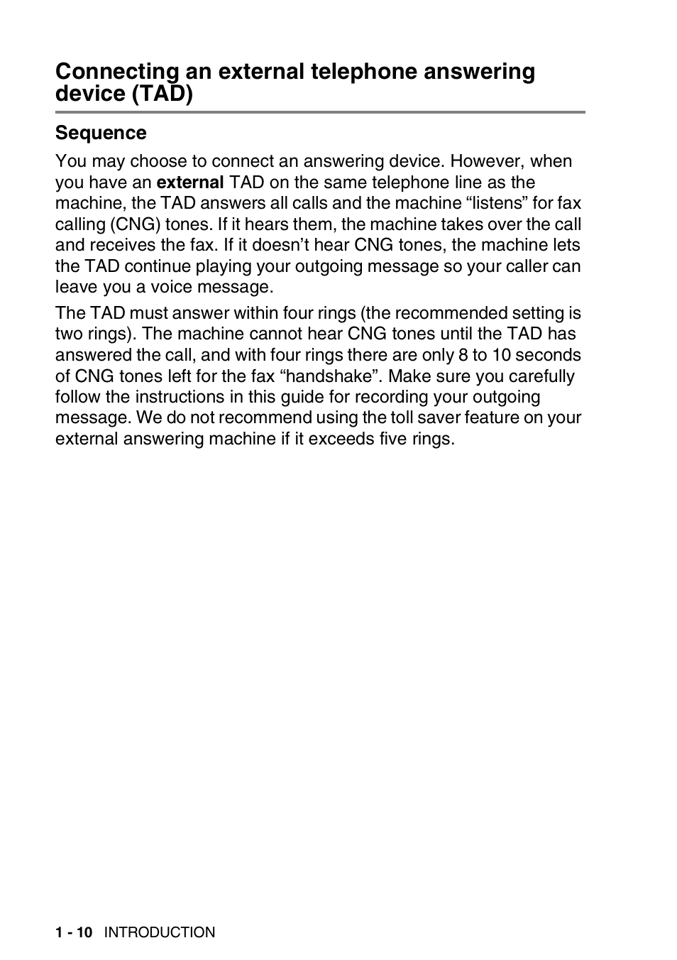 Sequence, Connecting an external telephone answering, Device (tad) -10 sequence -10 | Nordic Star Products MFC-3420C User Manual | Page 26 / 190