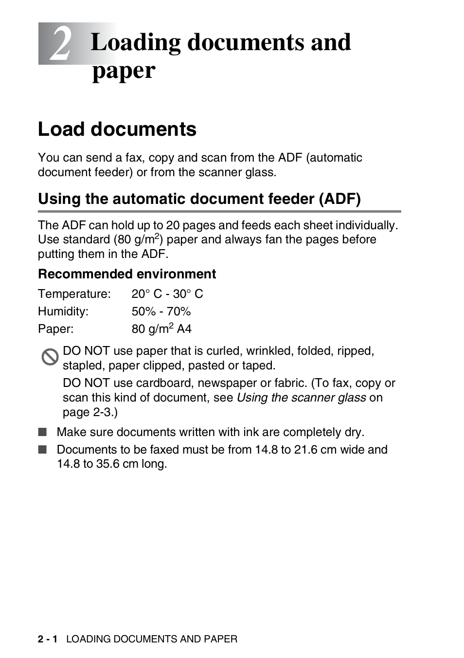 2 loading documents and paper, Load documents, Using the automatic document feeder (adf) | Recommended environment, Loading documents and paper -1, Load documents -1, Using the automatic document feeder (adf) -1, Recommended environment -1, Loading documents and paper | Nordic Star Products MFC-3420C User Manual | Page 32 / 190