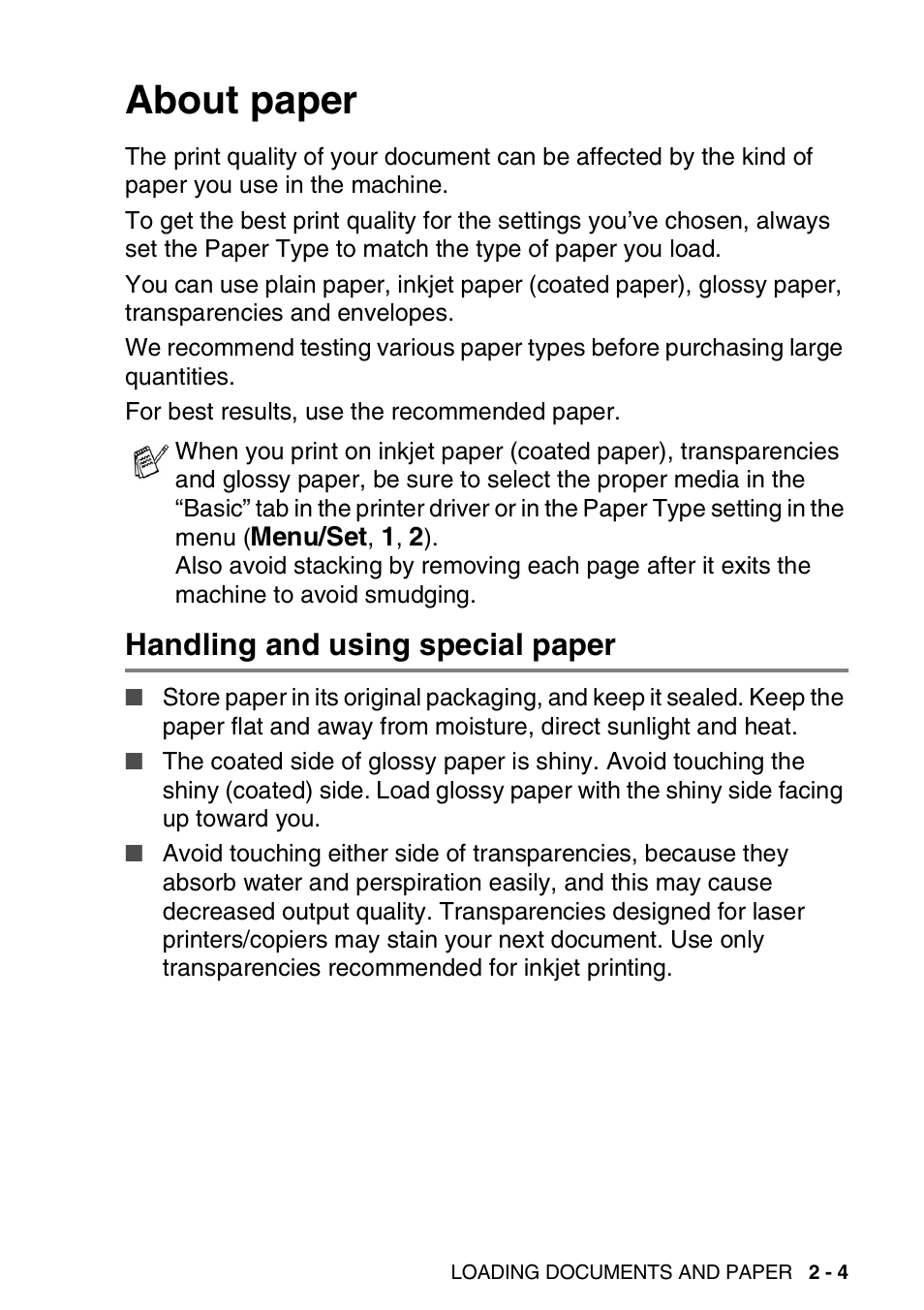 About paper, Handling and using special paper, About paper -4 | Handling and using special paper -4 | Nordic Star Products MFC-3420C User Manual | Page 35 / 190