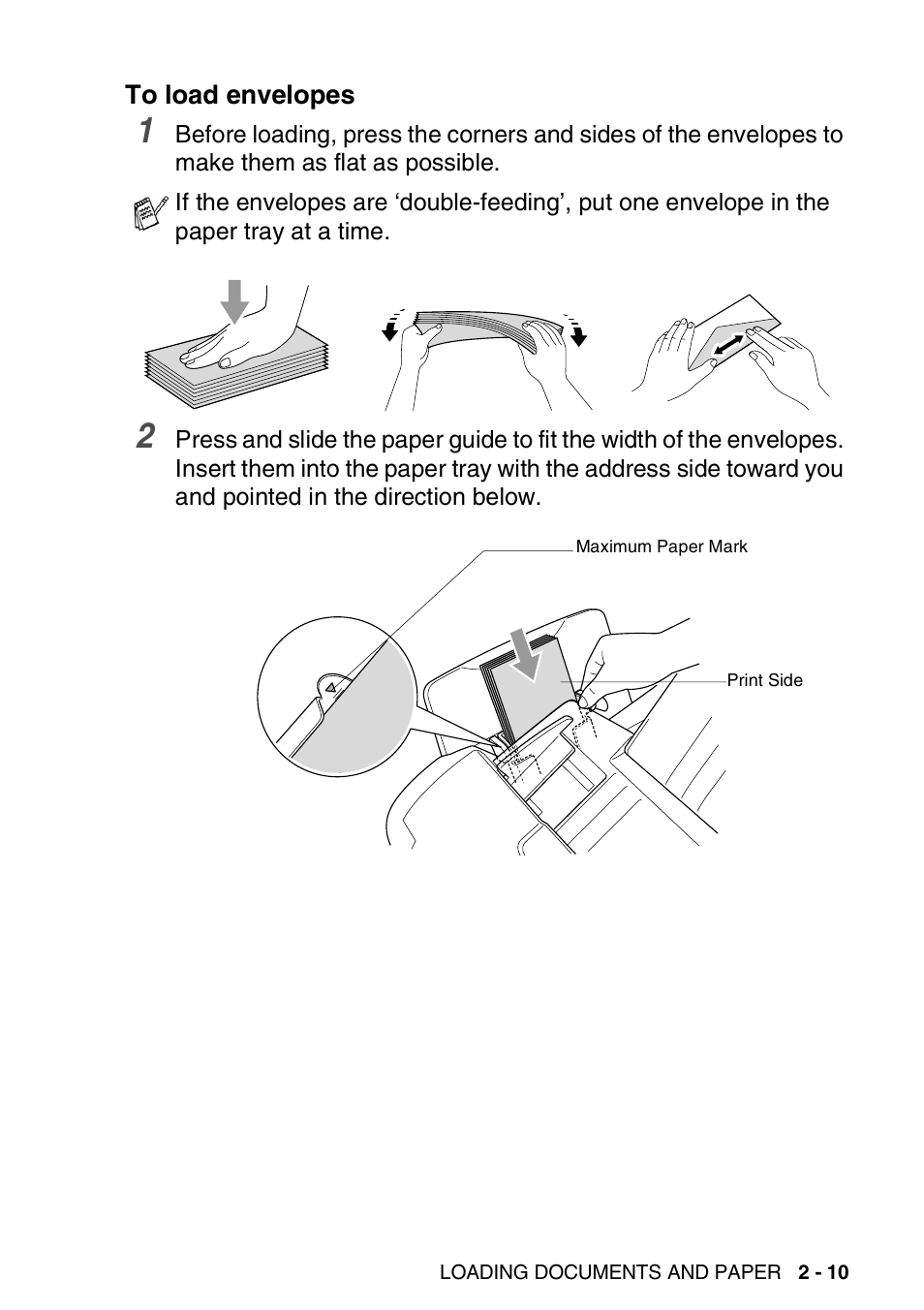 To load envelopes, To load envelopes -10 | Nordic Star Products MFC-3420C User Manual | Page 41 / 190