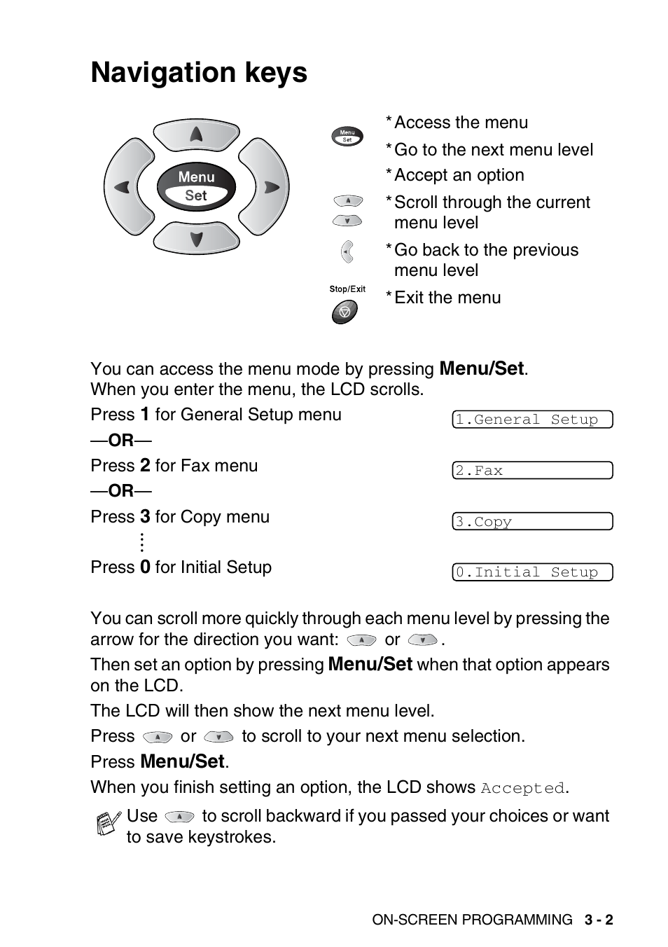 Navigation keys, Navigation keys -2 | Nordic Star Products MFC-3420C User Manual | Page 43 / 190