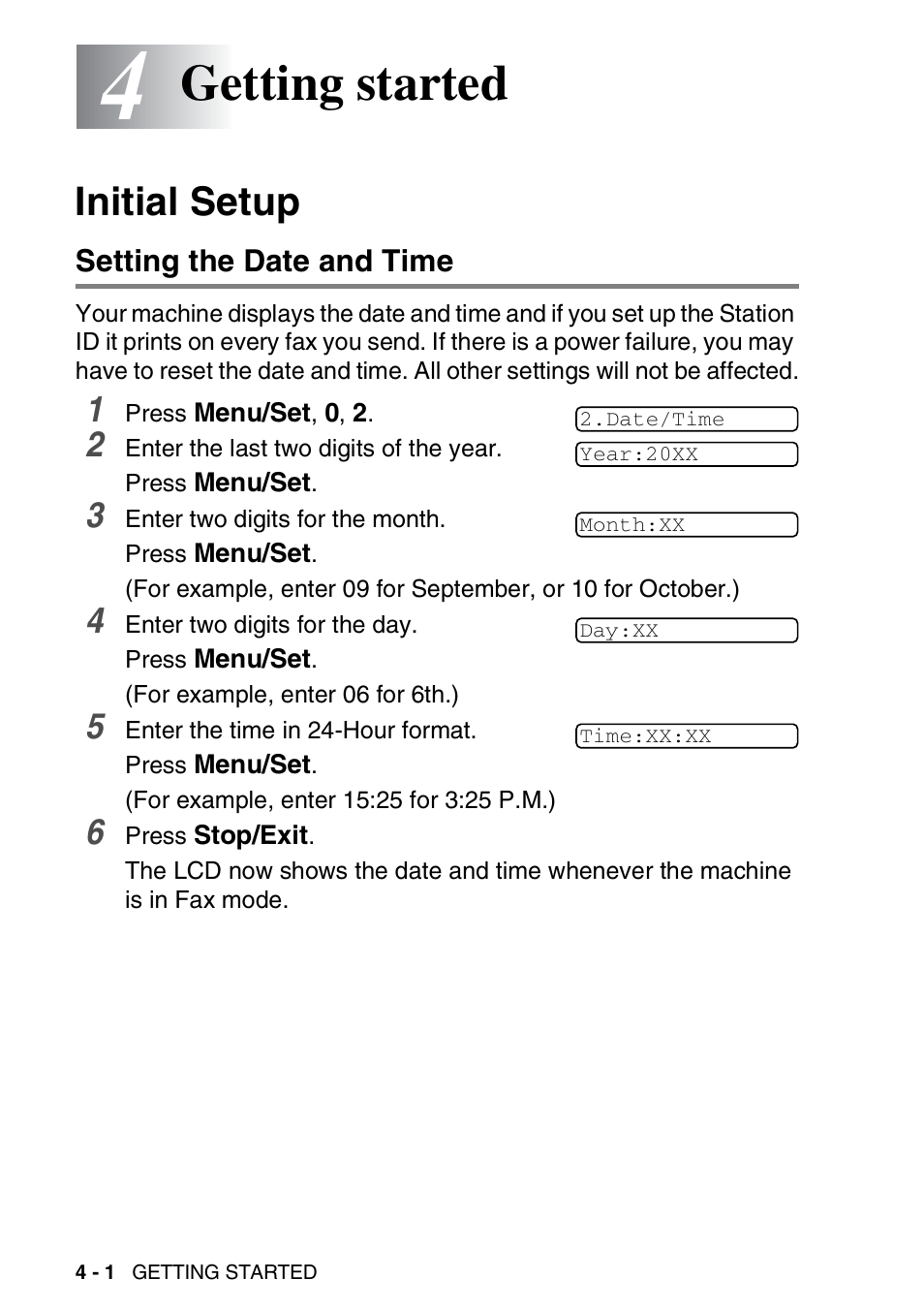 4 getting started, Initial setup, Setting the date and time | Getting started -1, Initial setup -1, Setting the date and time -1, Getting started | Nordic Star Products MFC-3420C User Manual | Page 54 / 190
