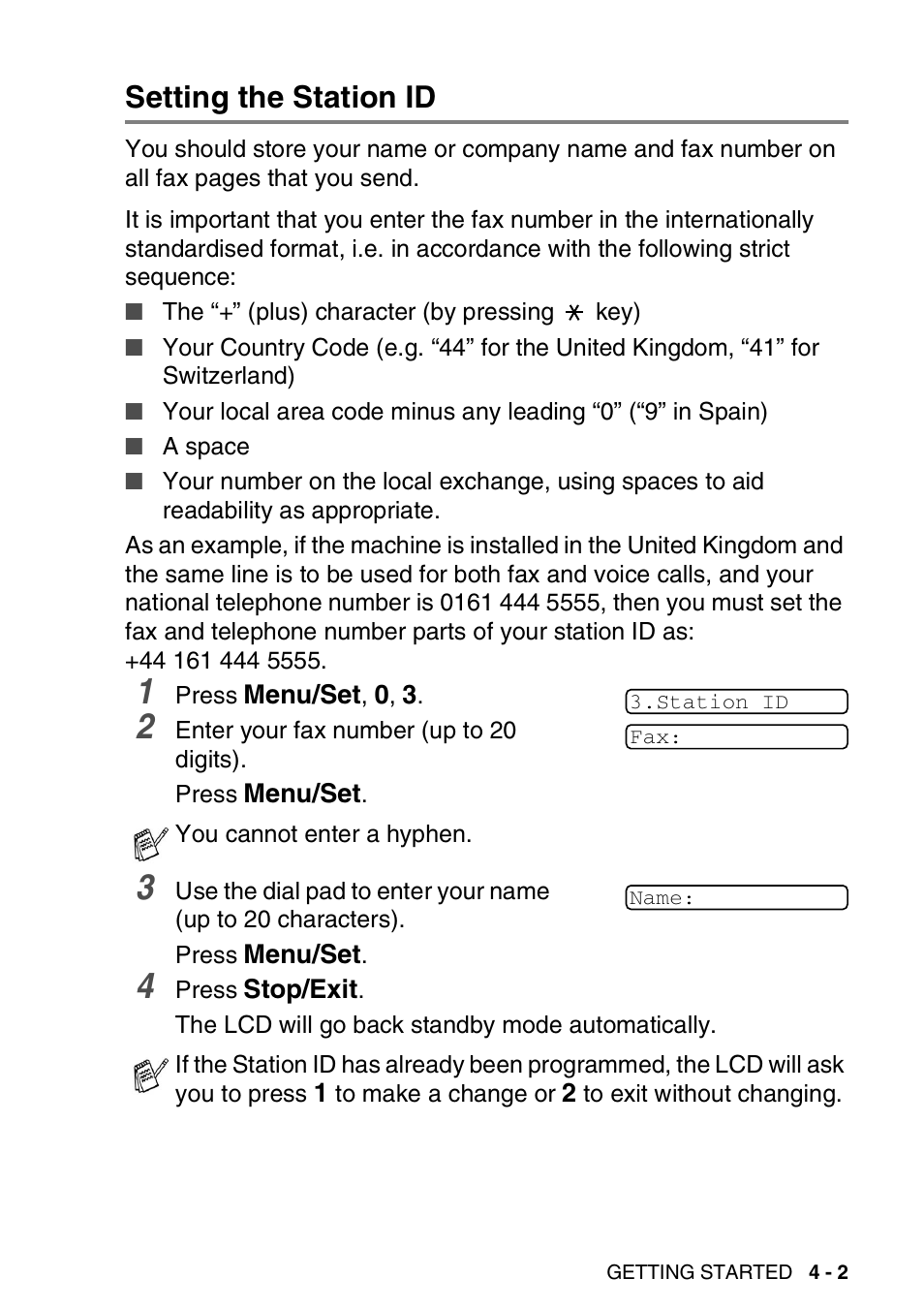Setting the station id, Setting the station id -2 | Nordic Star Products MFC-3420C User Manual | Page 55 / 190