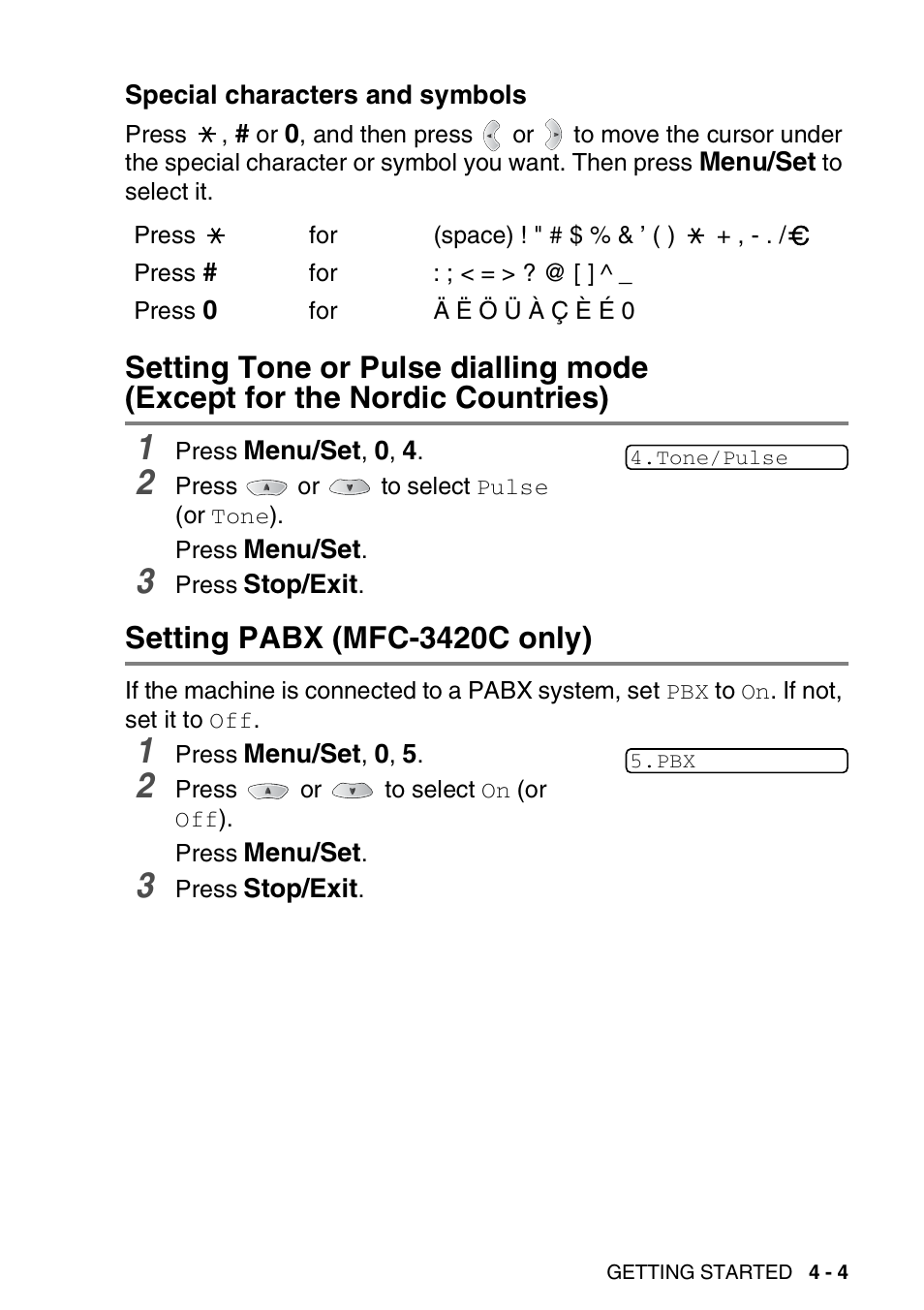 Special characters and symbols, Setting pabx (mfc-3420c only), Special characters and symbols -4 | Setting tone or pulse dialling mode, Except for the nordic countries) -4, Setting pabx (mfc-3420c only) -4 | Nordic Star Products MFC-3420C User Manual | Page 57 / 190