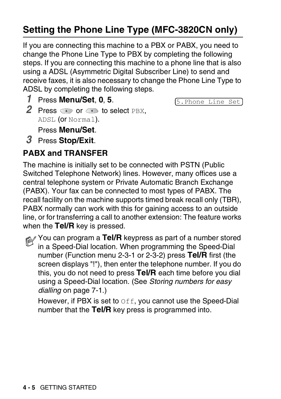 Setting the phone line type (mfc-3820cn only), Pabx and transfer, Setting the phone line type (mfc-3820cn only) -5 | Pabx and transfer -5 | Nordic Star Products MFC-3420C User Manual | Page 58 / 190