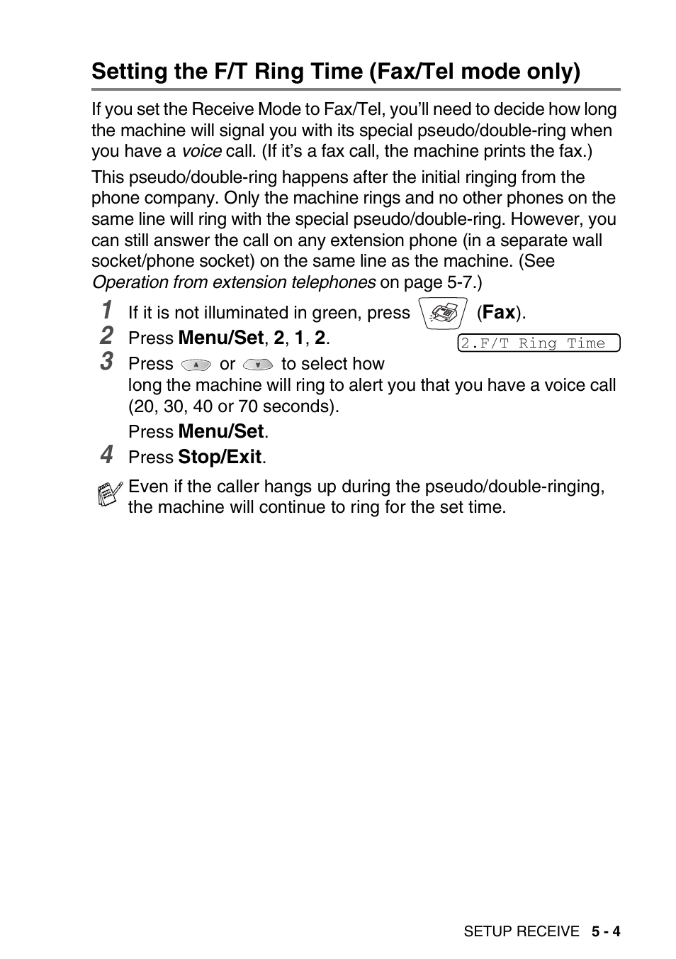 Setting the f/t ring time (fax/tel mode only), Setting the f/t ring time (fax/tel mode only) -4 | Nordic Star Products MFC-3420C User Manual | Page 67 / 190