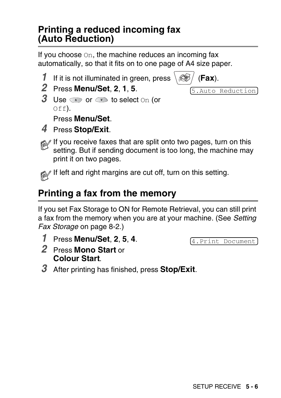 Printing a reduced incoming fax (auto reduction), Printing a fax from the memory | Nordic Star Products MFC-3420C User Manual | Page 69 / 190