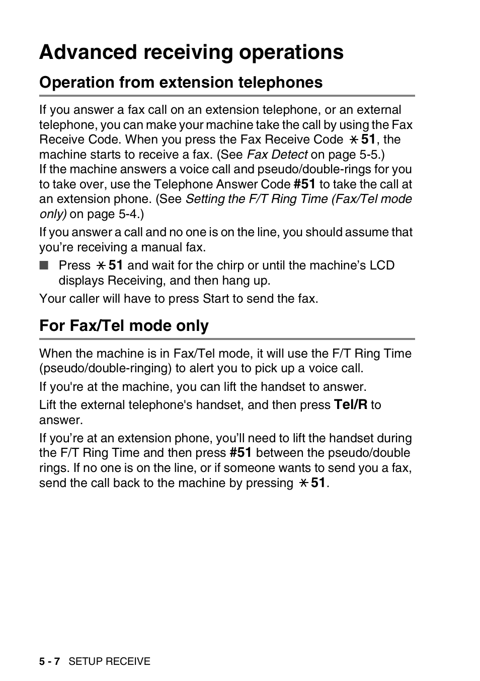 Advanced receiving operations, Operation from extension telephones, For fax/tel mode only | Advanced receiving operations -7 | Nordic Star Products MFC-3420C User Manual | Page 70 / 190