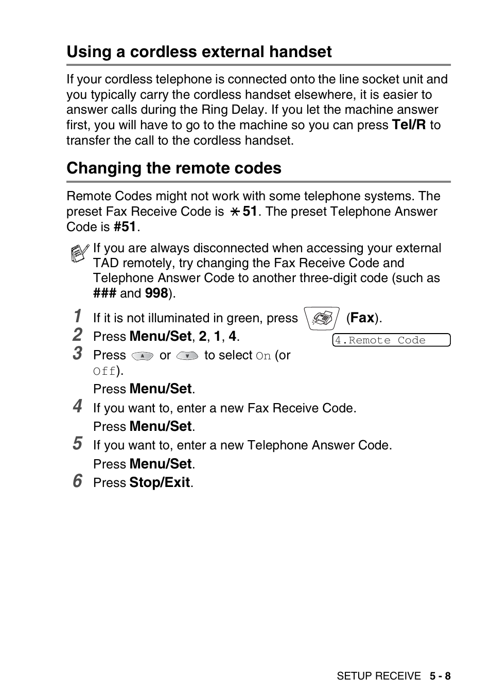 Using a cordless external handset, Changing the remote codes | Nordic Star Products MFC-3420C User Manual | Page 71 / 190