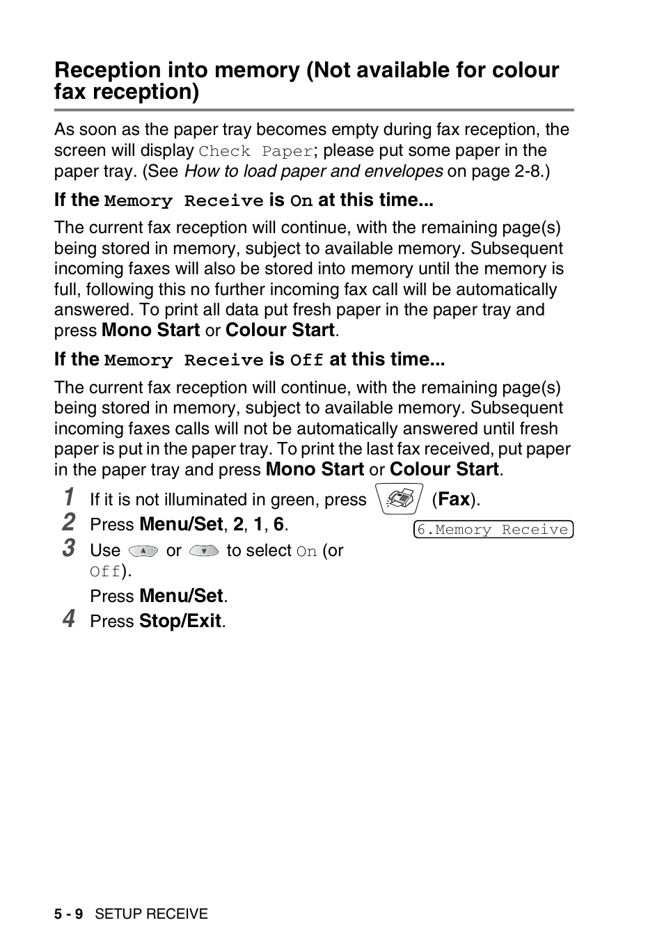 If the memory receive is on at this time, If the memory receive is off at this time | Nordic Star Products MFC-3420C User Manual | Page 72 / 190