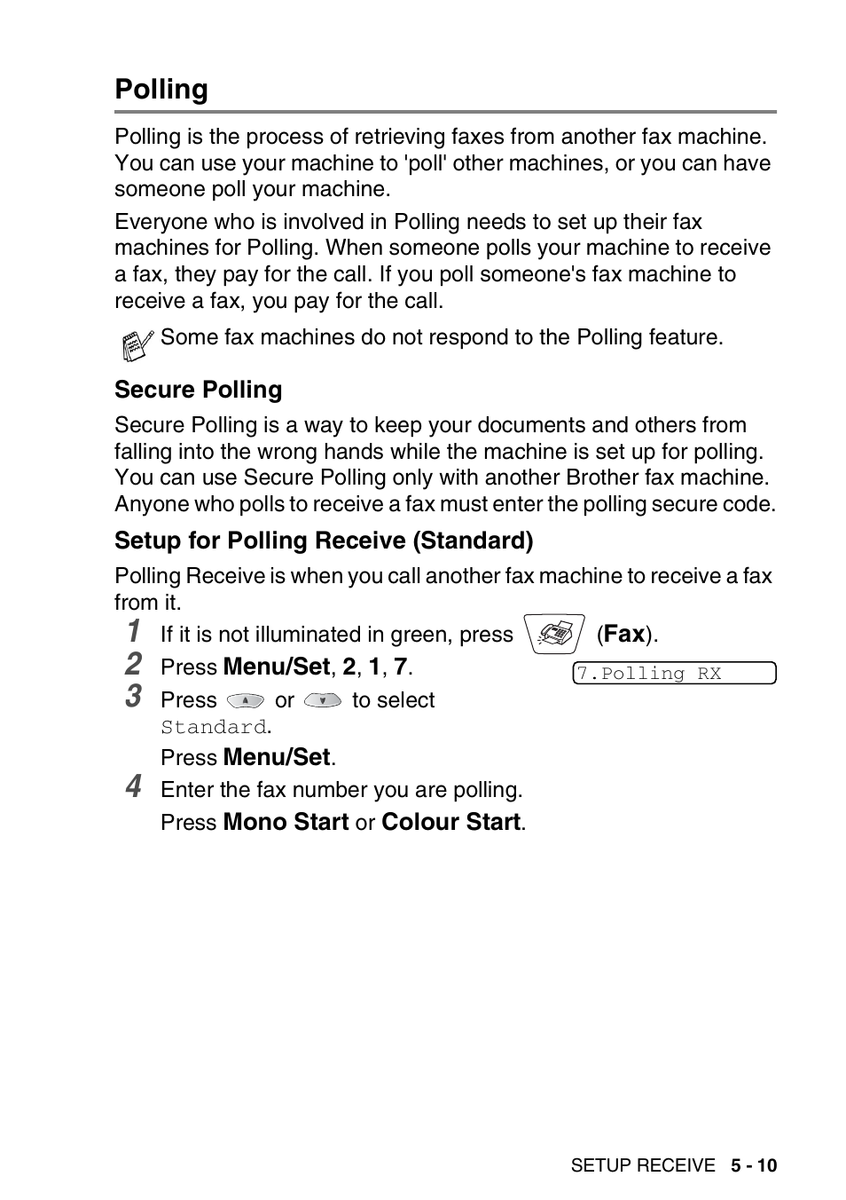 Polling, Secure polling, Setup for polling receive (standard) | Polling -10 | Nordic Star Products MFC-3420C User Manual | Page 73 / 190