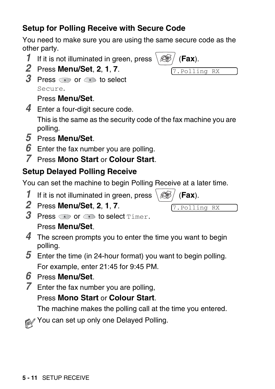 Setup for polling receive with secure code, Setup delayed polling receive | Nordic Star Products MFC-3420C User Manual | Page 74 / 190