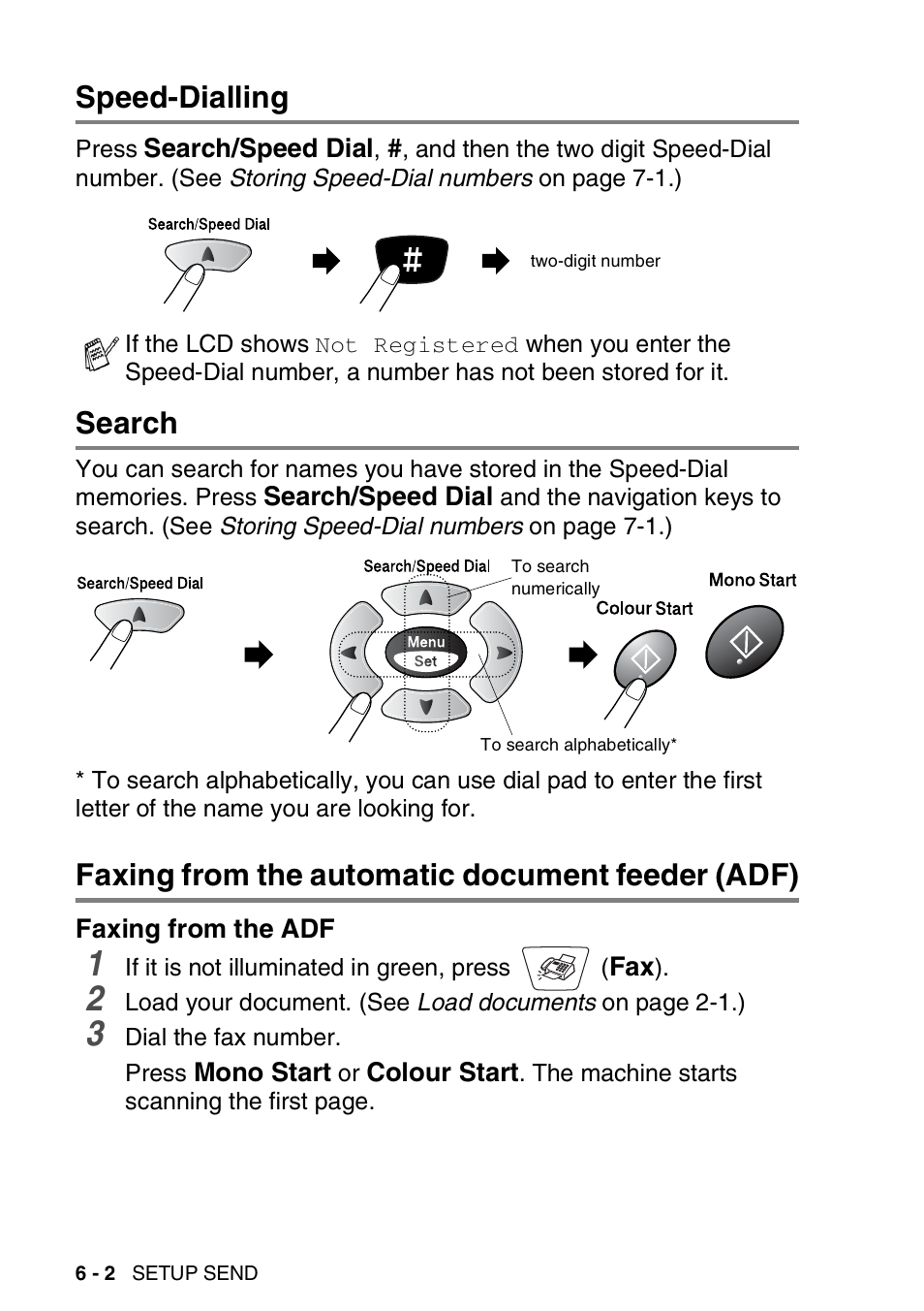 Speed-dialling, Search, Faxing from the automatic document feeder (adf) | Faxing from the adf, Faxing from the adf -2 | Nordic Star Products MFC-3420C User Manual | Page 78 / 190