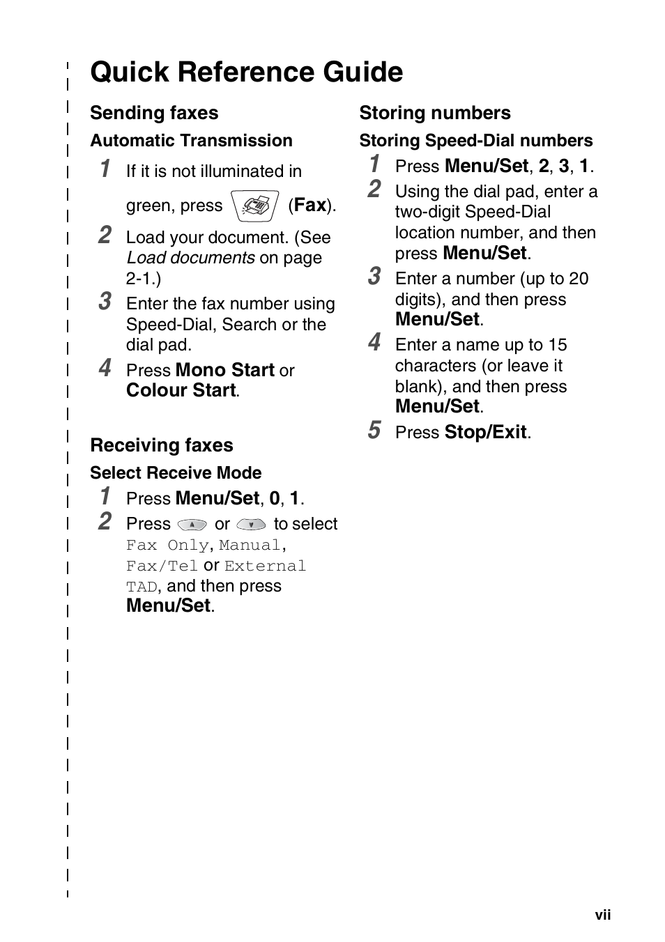 Quick reference guide, Sending faxes, Receiving faxes | Storing numbers | Nordic Star Products MFC-3420C User Manual | Page 8 / 190