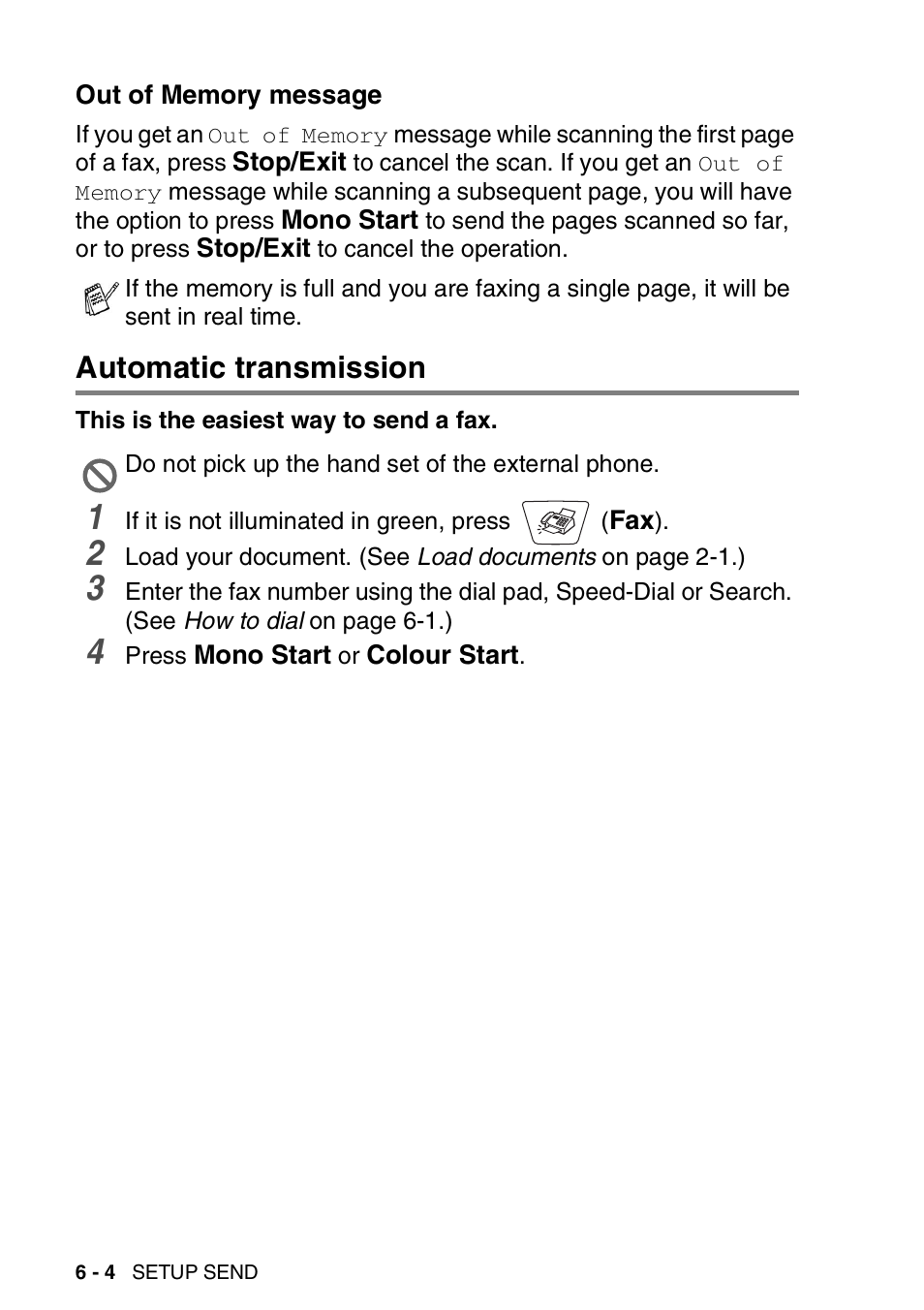 Out of memory message, Automatic transmission, Out of memory message -4 | Automatic transmission -4 | Nordic Star Products MFC-3420C User Manual | Page 80 / 190