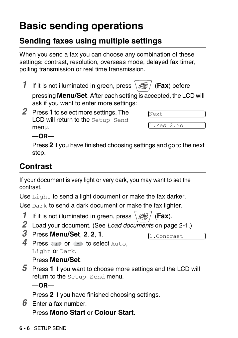 Basic sending operations, Sending faxes using multiple settings, Contrast | Basic sending operations -6 | Nordic Star Products MFC-3420C User Manual | Page 82 / 190