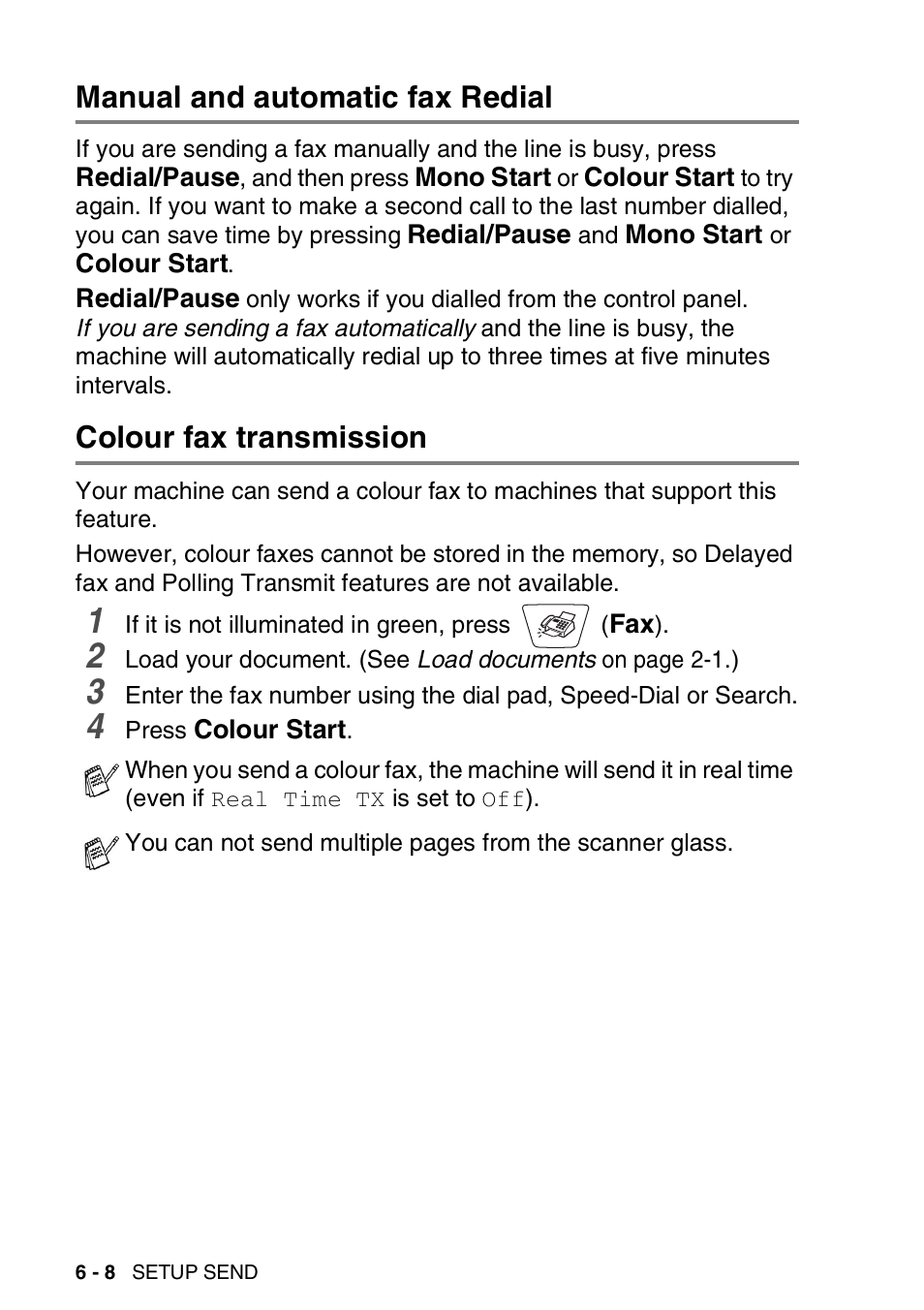 Manual and automatic fax redial, Colour fax transmission | Nordic Star Products MFC-3420C User Manual | Page 84 / 190