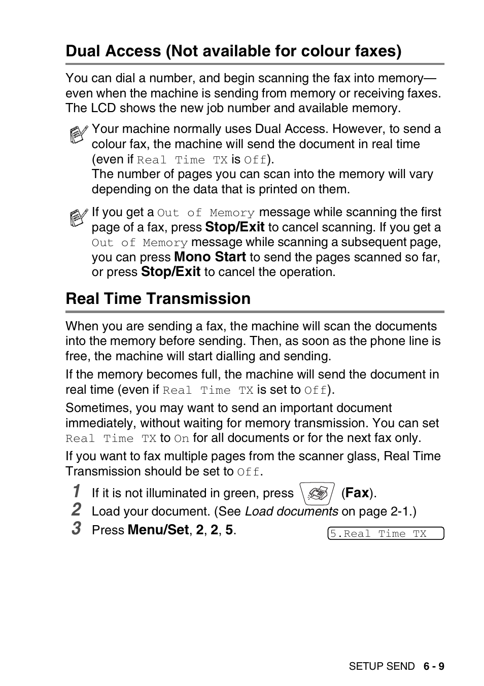 Dual access (not available for colour faxes), Real time transmission | Nordic Star Products MFC-3420C User Manual | Page 85 / 190