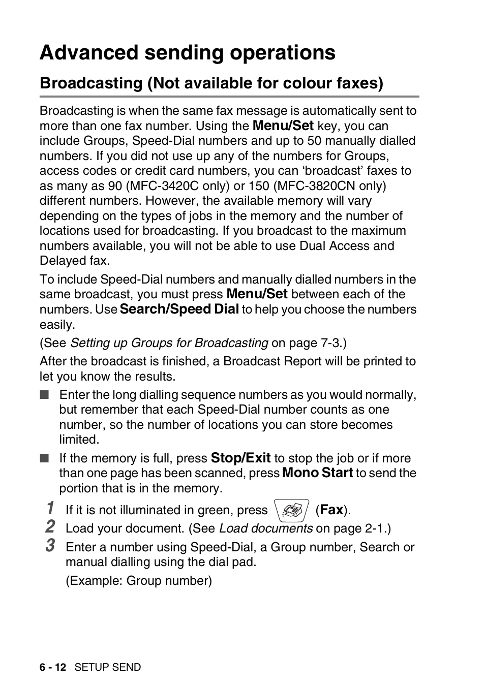 Advanced sending operations, Broadcasting (not available for colour faxes), Advanced sending operations -12 | Broadcasting (not available for colour faxes) -12 | Nordic Star Products MFC-3420C User Manual | Page 88 / 190