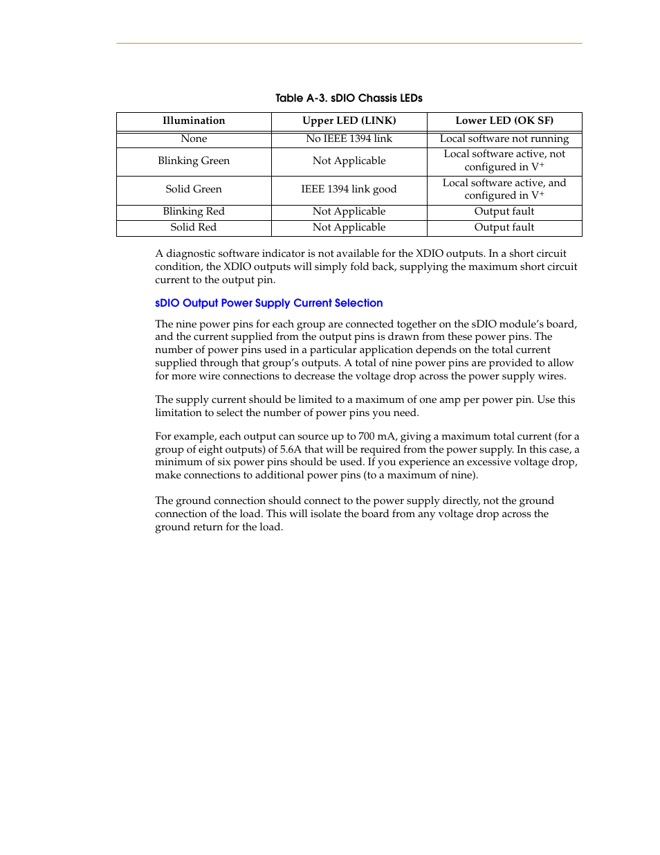 Sdio output power supply current selection, Table a-3, Sdio chassis leds | Nortech Systems Adept RS-232/TERM User Manual | Page 107 / 156