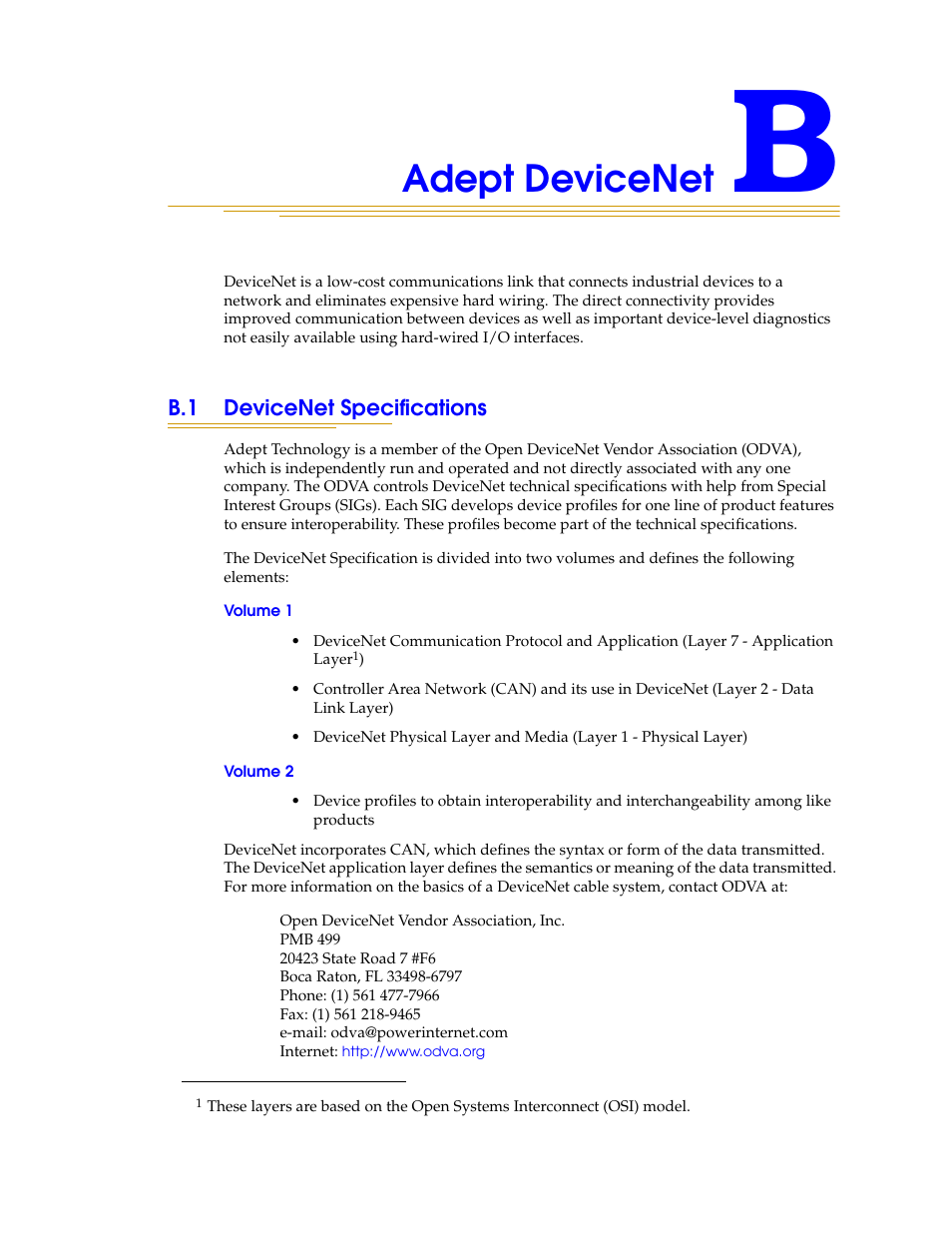 Adept devicenet, B.1 devicenet specifications, Volume 1 | Volume 2, Volume 1 volume 2 | Nortech Systems Adept RS-232/TERM User Manual | Page 115 / 156