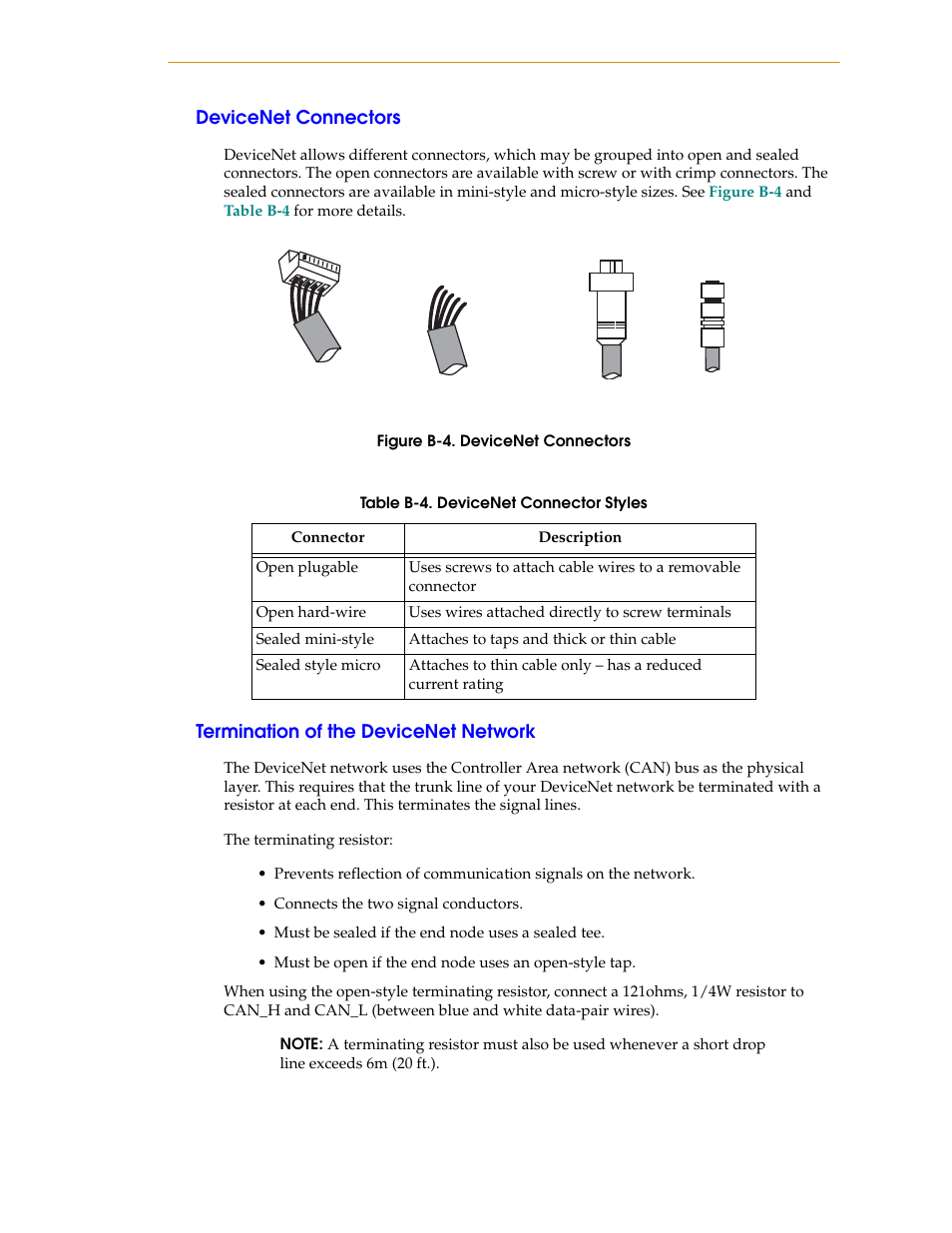 Devicenet connectors, Termination of the devicenet network, Figure b-4 | Table b-4, Devicenet connector styles | Nortech Systems Adept RS-232/TERM User Manual | Page 121 / 156