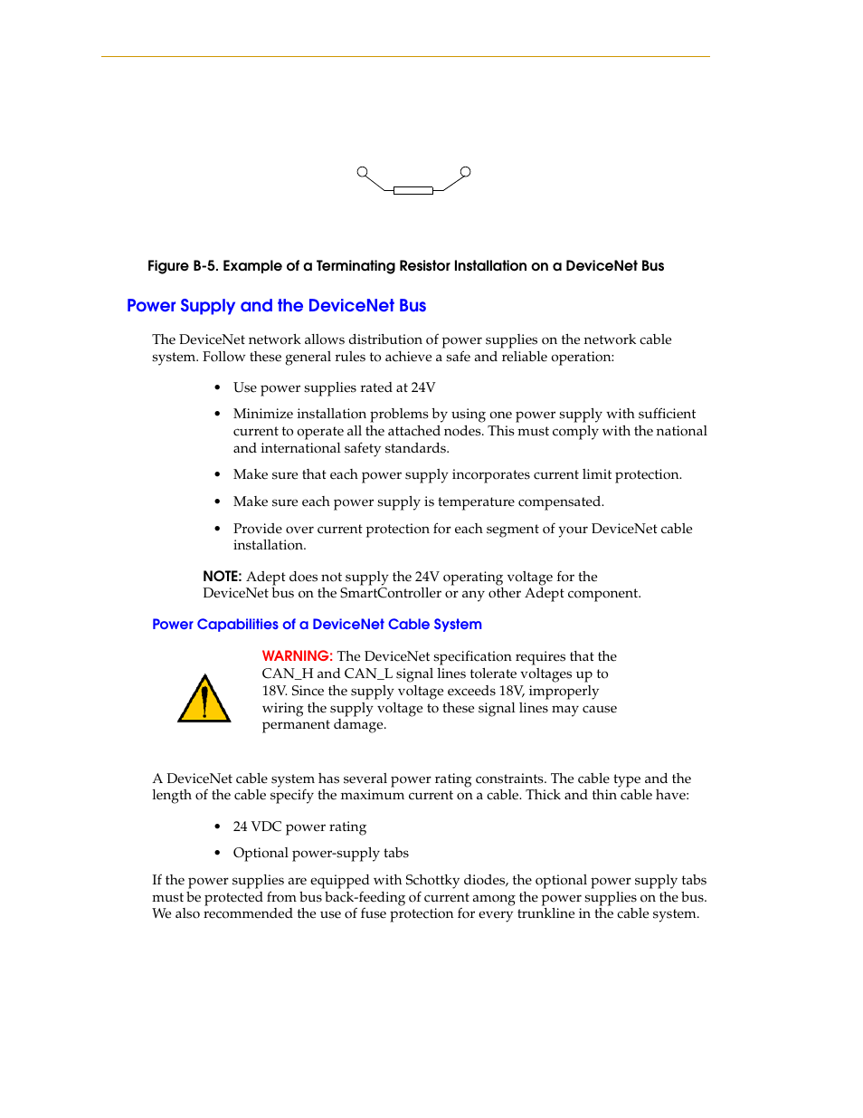 Power supply and the devicenet bus, Power capabilities of a devicenet cable system, Figure b-5 | Nortech Systems Adept RS-232/TERM User Manual | Page 122 / 156