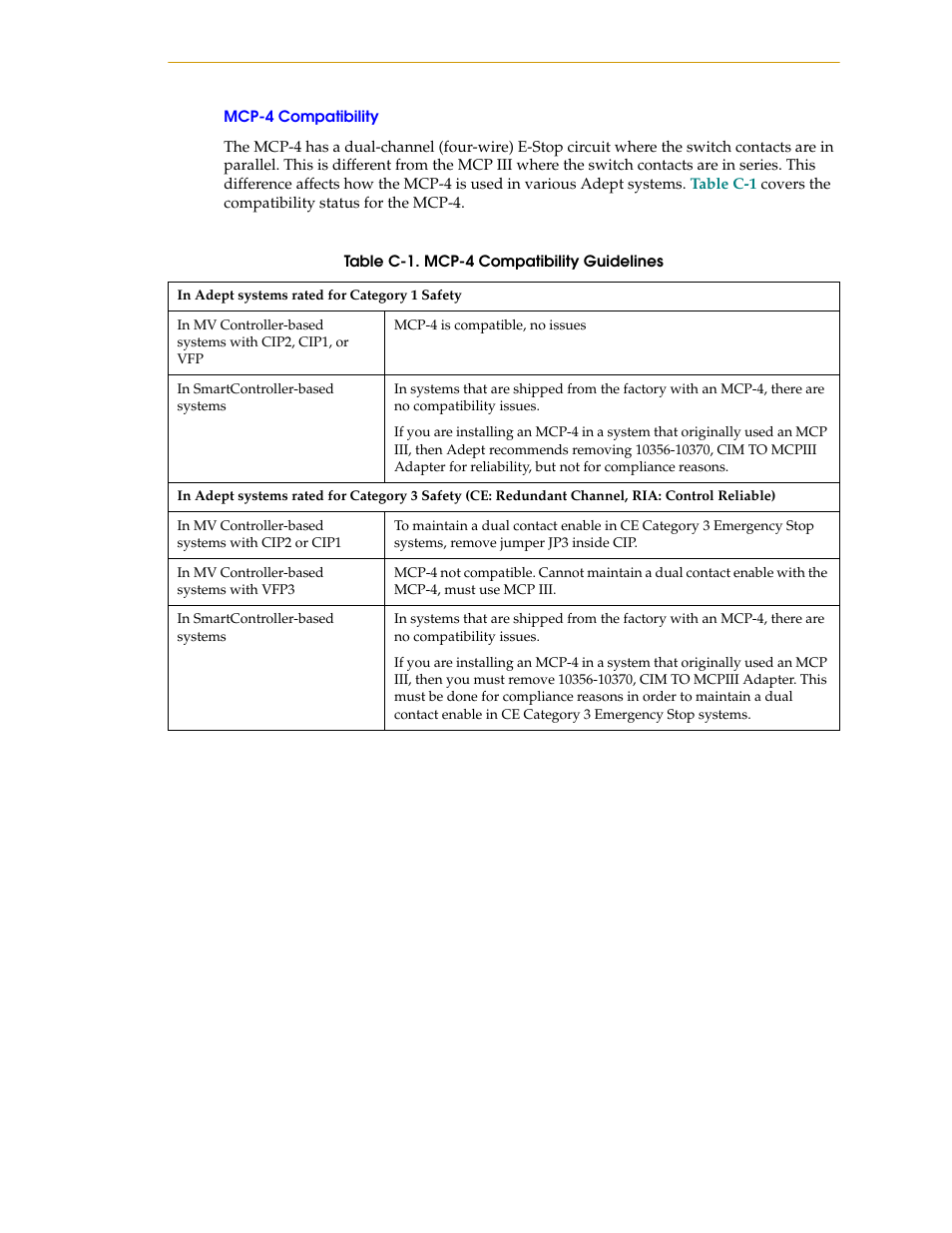 Mcp-4 compatibility, Table c-1, Mcp-4 compatibility guidelines | Nortech Systems Adept RS-232/TERM User Manual | Page 127 / 156
