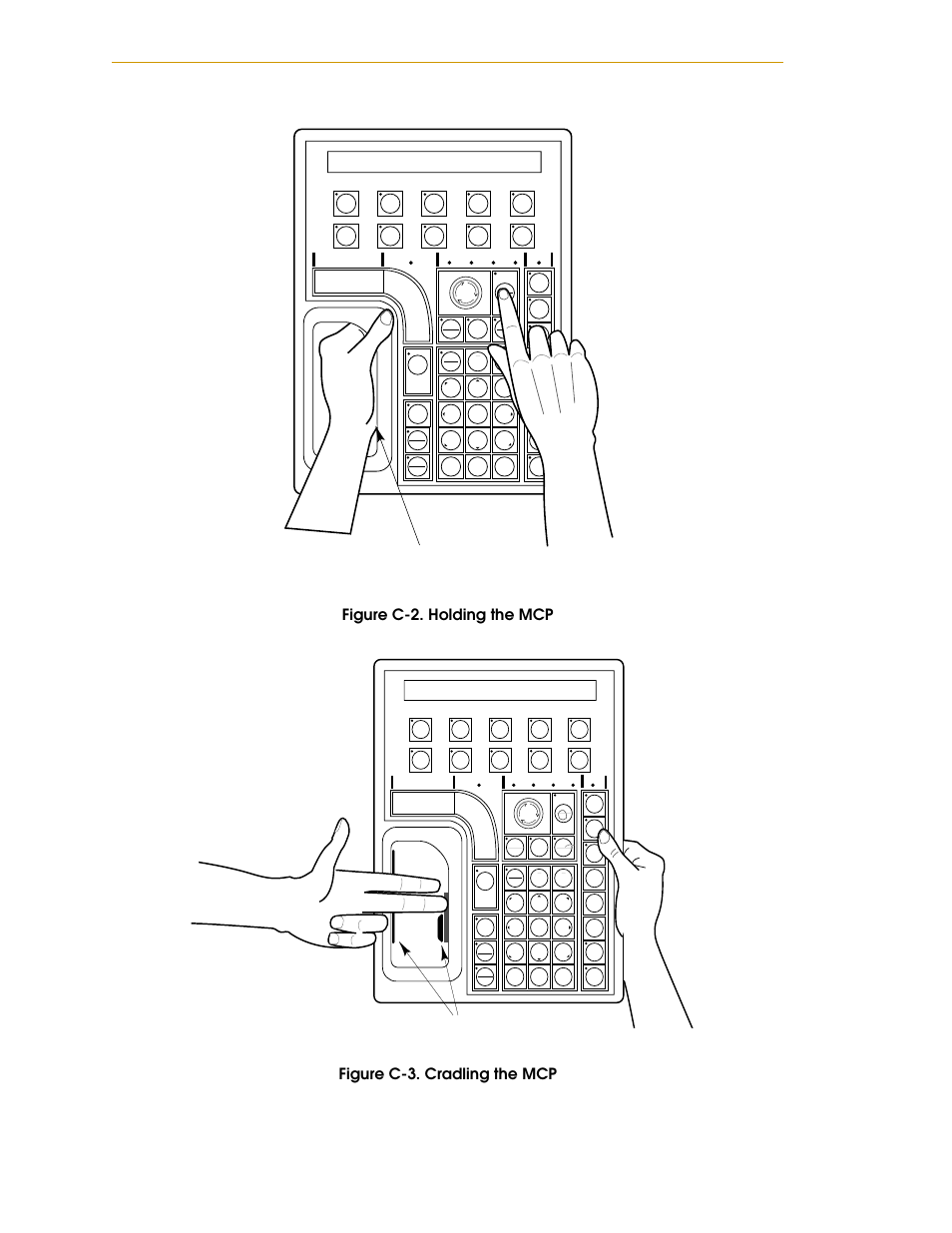 Figure c-2. holding the mcp, Figure c-3. cradling the mcp, Shows | Depress the palm-activated enabling switch, Mcp cradle retaining clip | Nortech Systems Adept RS-232/TERM User Manual | Page 128 / 156