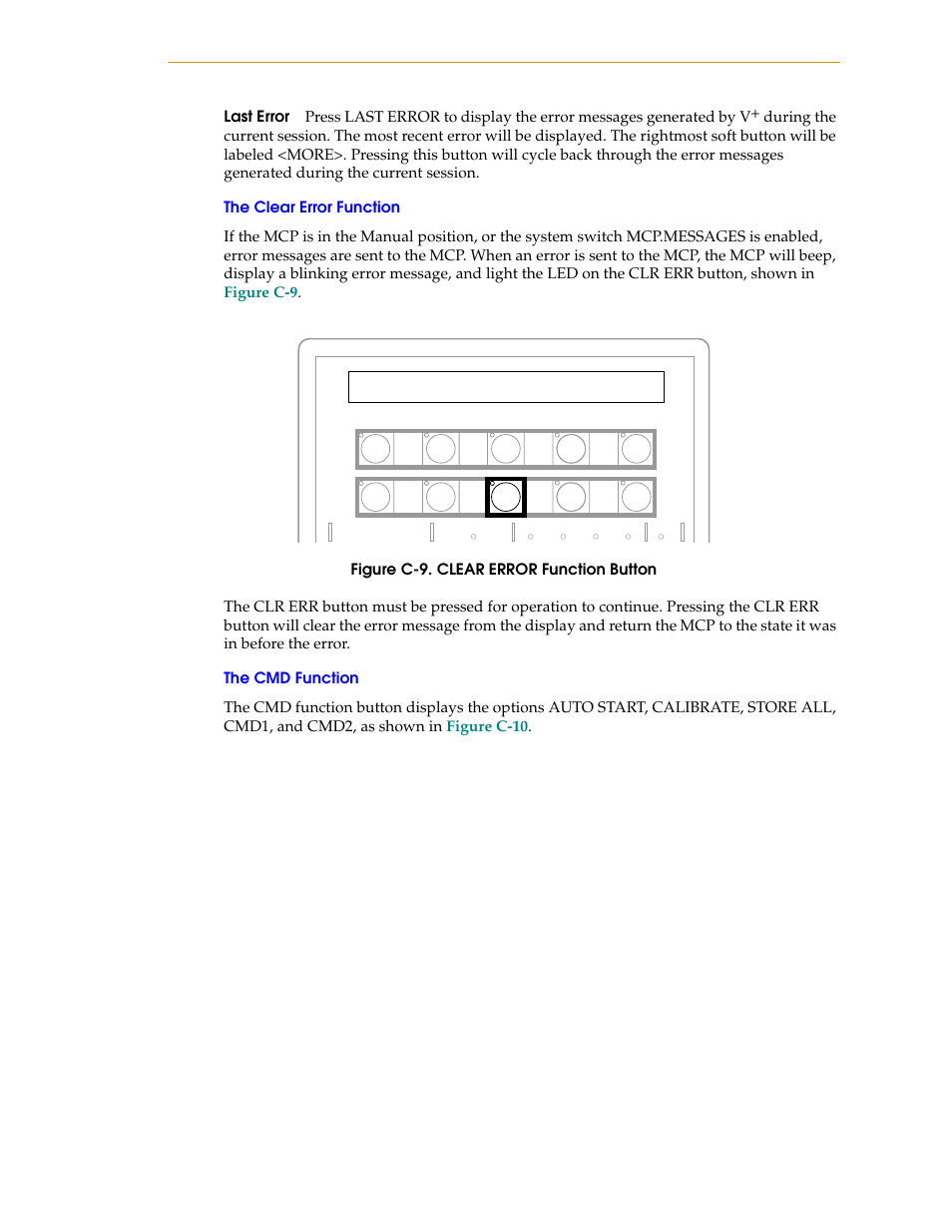 The clear error function, The cmd function, The clear error function the cmd function | Figure c-9. clear error function button | Nortech Systems Adept RS-232/TERM User Manual | Page 137 / 156