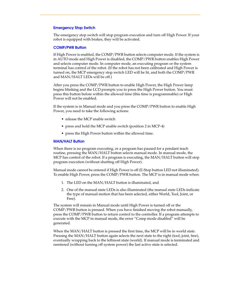 Emergency stop switch, Comp/pwr button, Man/halt button | Nortech Systems Adept RS-232/TERM User Manual | Page 141 / 156