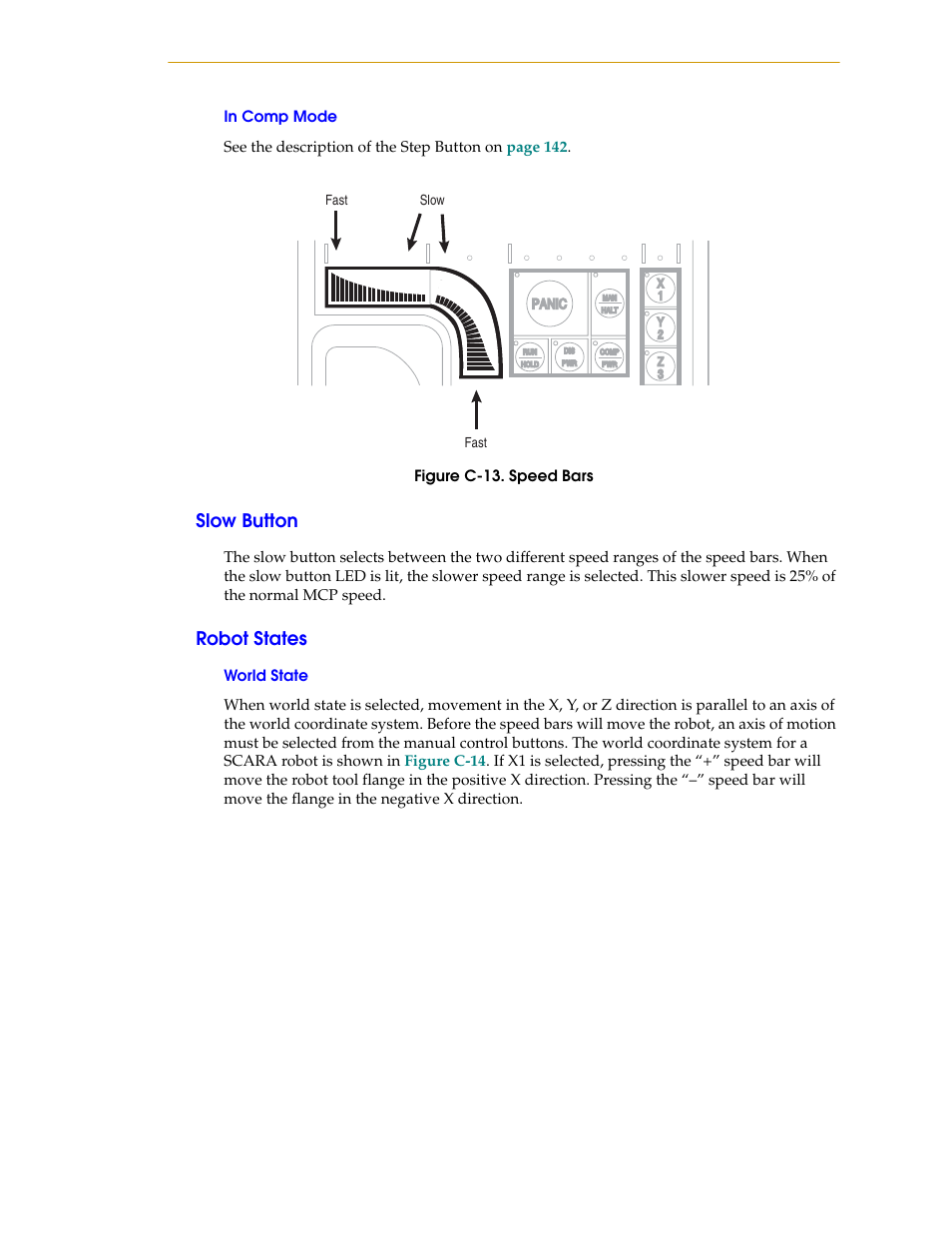 In comp mode, Slow button, Robot states | World state, Figure c-13. speed bars | Nortech Systems Adept RS-232/TERM User Manual | Page 143 / 156