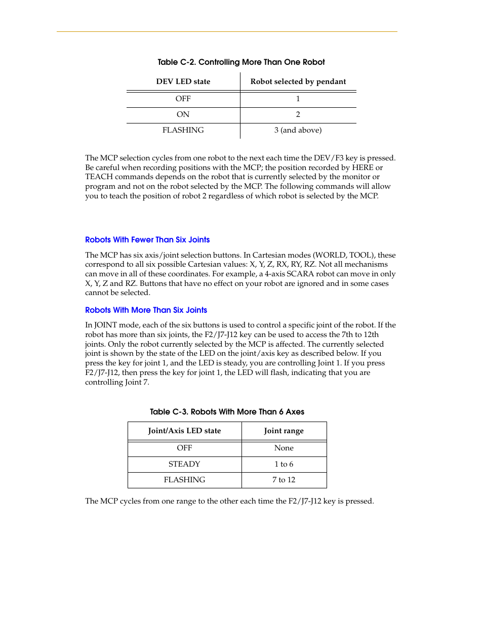 Robots with fewer than six joints, Robots with more than six joints, Table c-2 | Controlling more than one robot, Table c-3, Robots with more than 6 axes | Nortech Systems Adept RS-232/TERM User Manual | Page 150 / 156