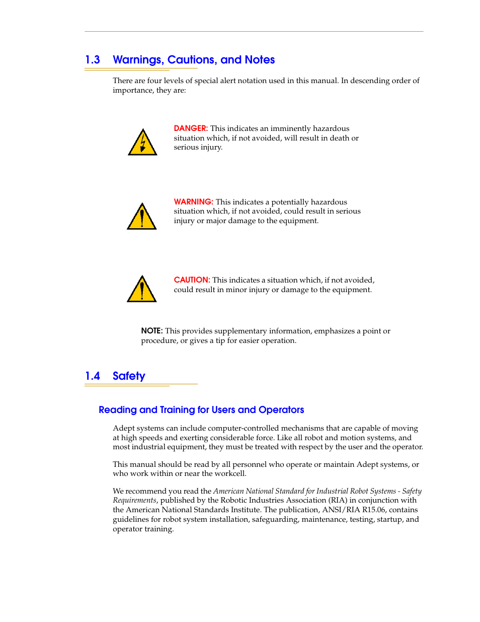 3 warnings, cautions, and notes, 4 safety, Reading and training for users and operators | Nortech Systems Adept RS-232/TERM User Manual | Page 17 / 156