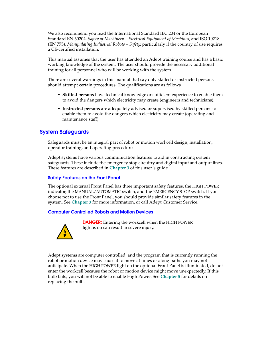System safeguards, Safety features on the front panel, Computer controlled robots and motion devices | Nortech Systems Adept RS-232/TERM User Manual | Page 18 / 156