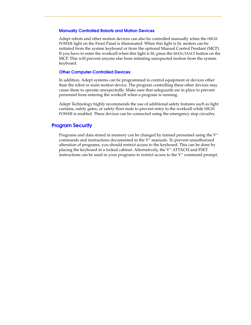 Manually controlled robots and motion devices, Other computer-controlled devices, Program security | Nortech Systems Adept RS-232/TERM User Manual | Page 19 / 156