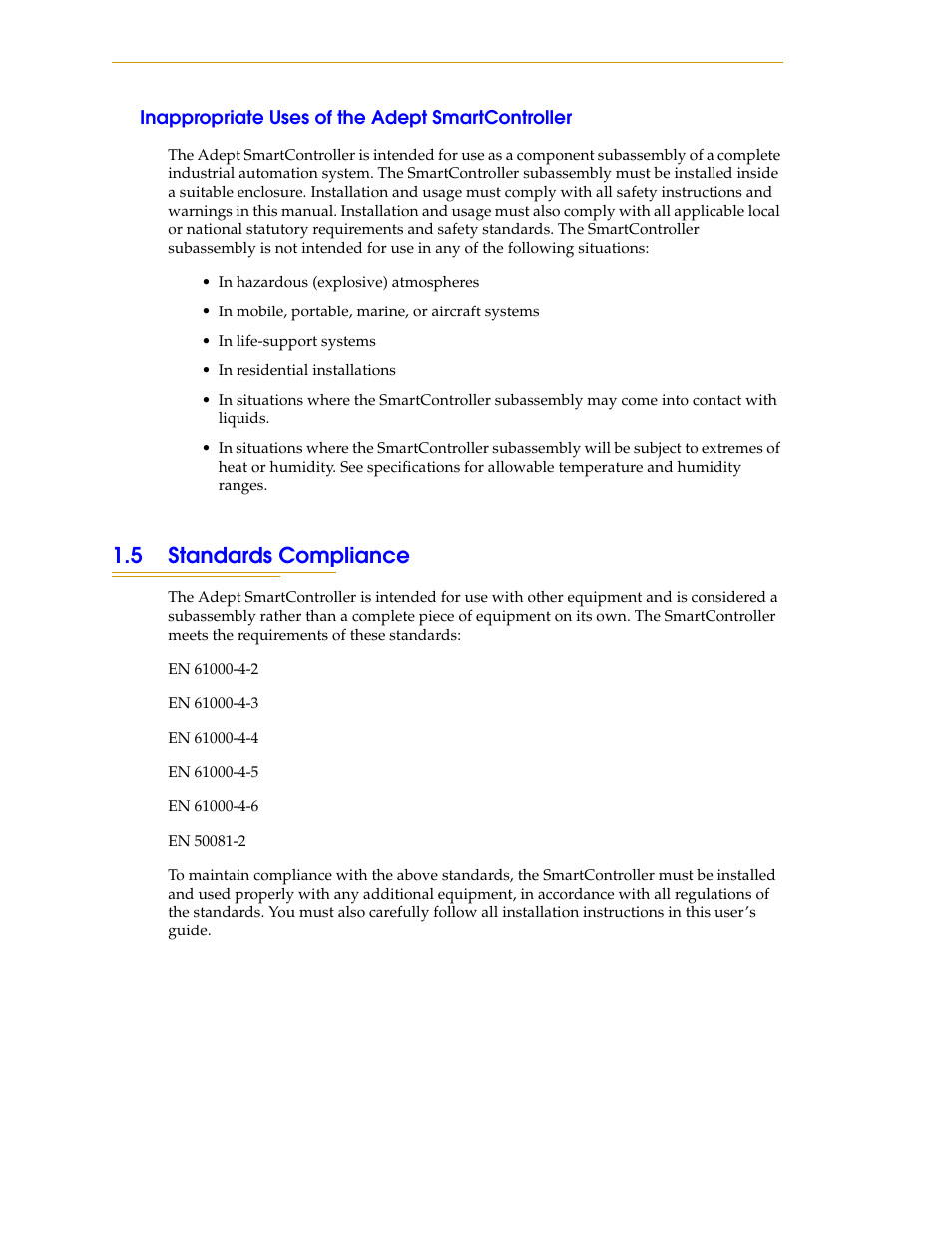 Inappropriate uses of the adept smartcontroller, 5 standards compliance | Nortech Systems Adept RS-232/TERM User Manual | Page 20 / 156