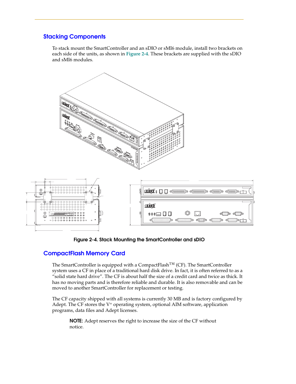Stacking components, Compactflash memory card, Figure 2-4 | Stack mounting the smartcontroller and sdio | Nortech Systems Adept RS-232/TERM User Manual | Page 28 / 156