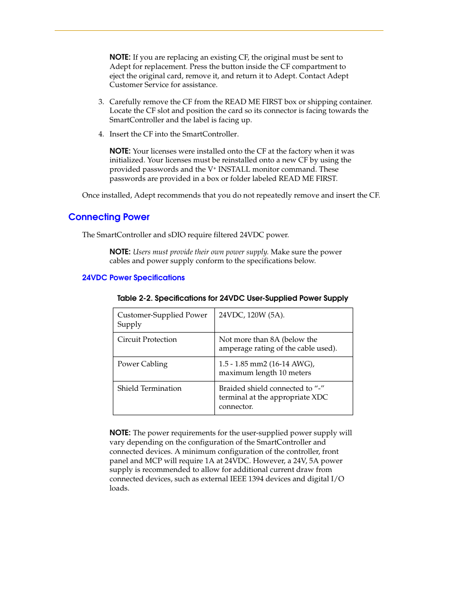 Connecting power, 24vdc power specifications, Table 2-2 | Nortech Systems Adept RS-232/TERM User Manual | Page 30 / 156