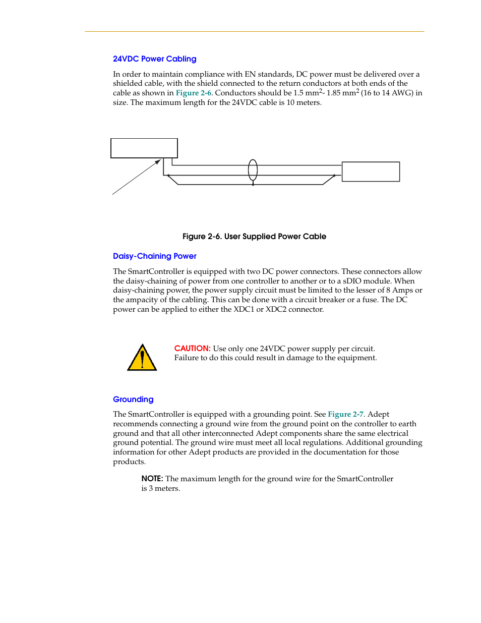 24vdc power cabling, Daisy-chaining power, Grounding | 24vdc power cabling daisy-chaining power grounding, Figure 2-6, User supplied power cable | Nortech Systems Adept RS-232/TERM User Manual | Page 31 / 156