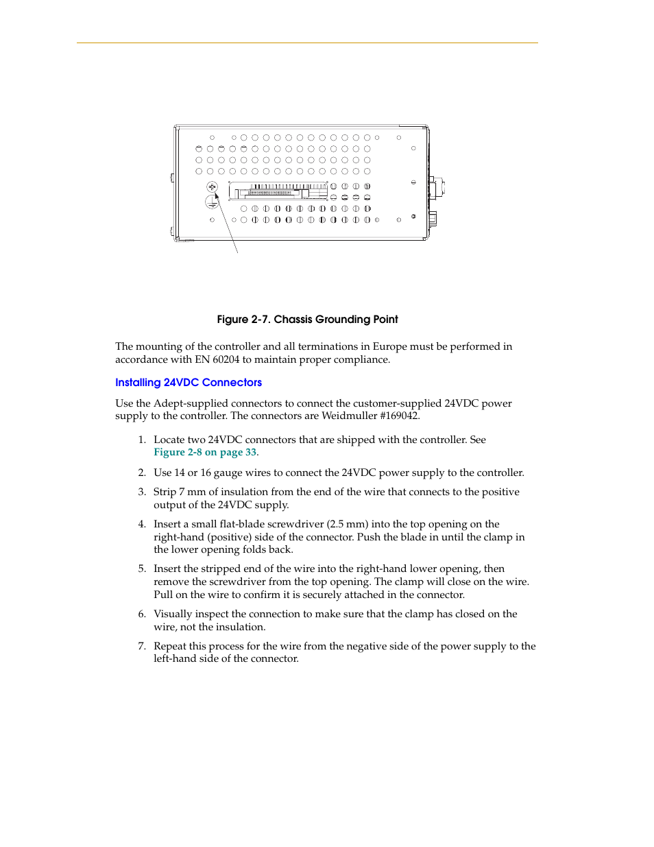 Installing 24vdc connectors, Figure 2-7, Chassis grounding point | Adept | Nortech Systems Adept RS-232/TERM User Manual | Page 32 / 156