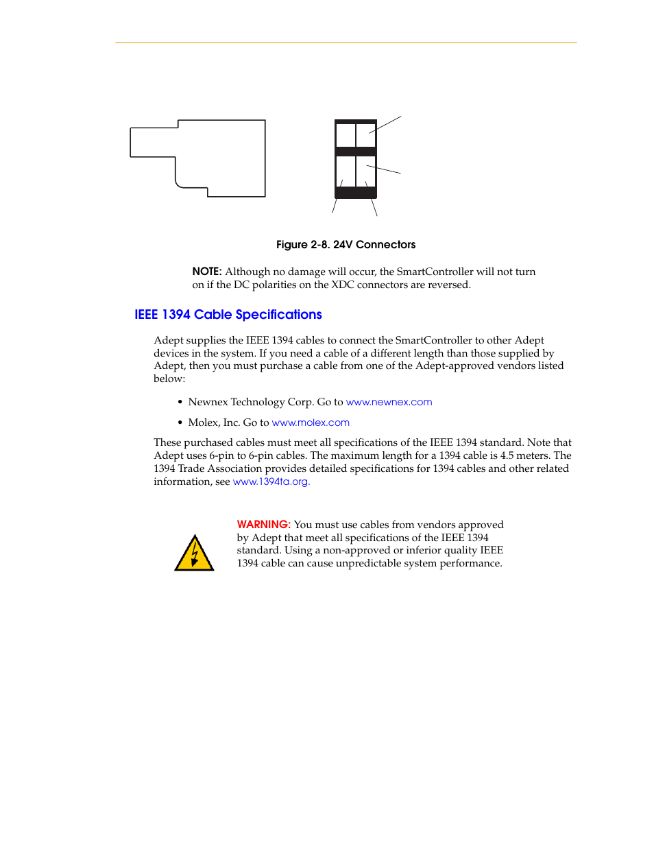 Ieee 1394 cable specifications, Figure 2-8, 24v connectors | Nortech Systems Adept RS-232/TERM User Manual | Page 33 / 156