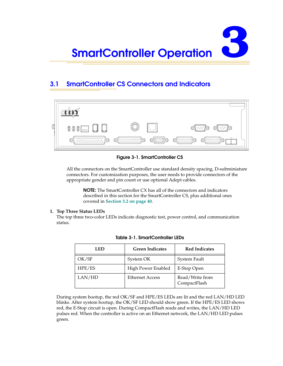 Smartcontroller operation, 1 smartcontroller cs connectors and indicators, Figure 3-1 | Smartcontroller cs, Table 3-1, Smartcontroller leds, Chapter 3 | Nortech Systems Adept RS-232/TERM User Manual | Page 37 / 156