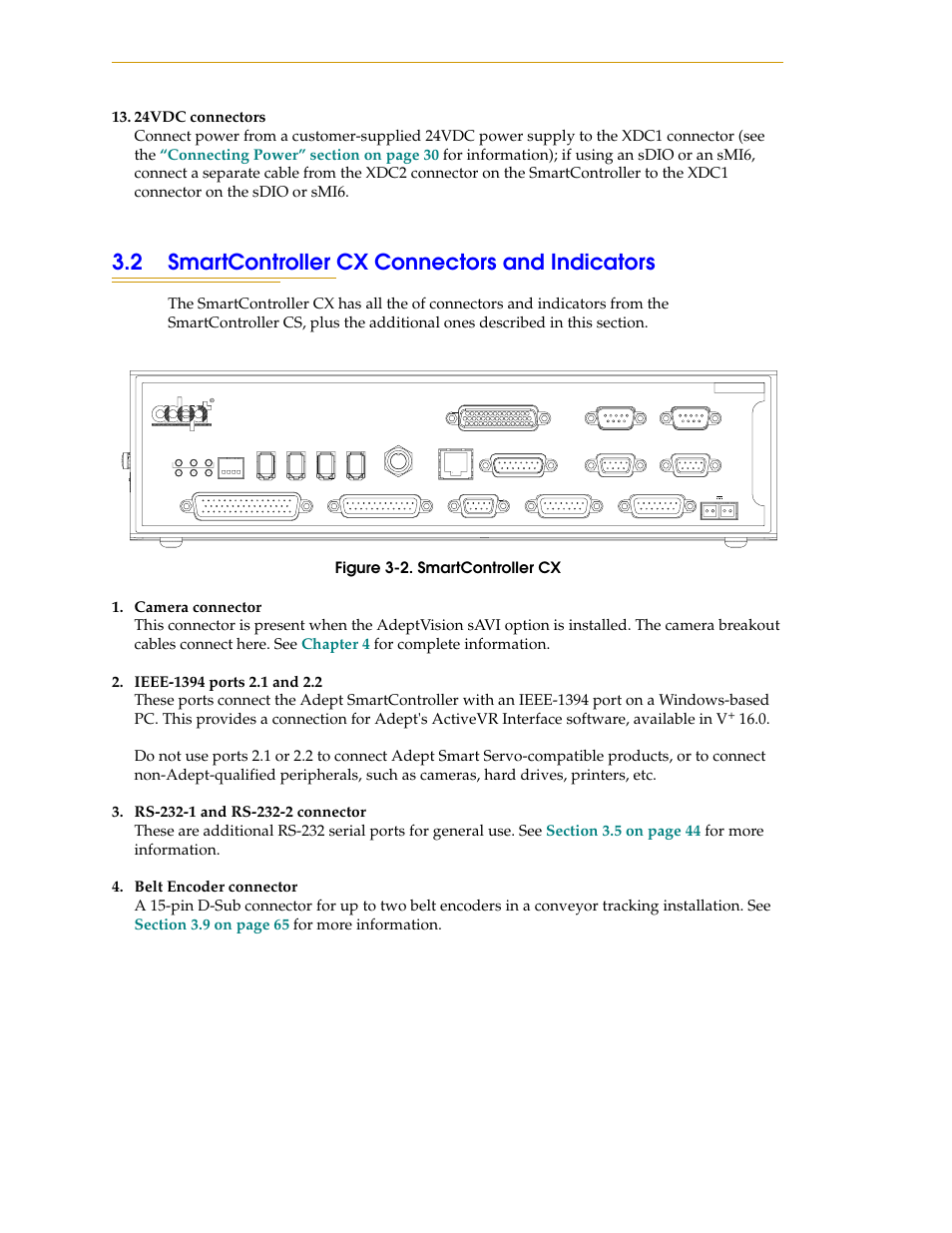 2 smartcontroller cx connectors and indicators, Figure 3-2, Smartcontroller cx | Nortech Systems Adept RS-232/TERM User Manual | Page 40 / 156
