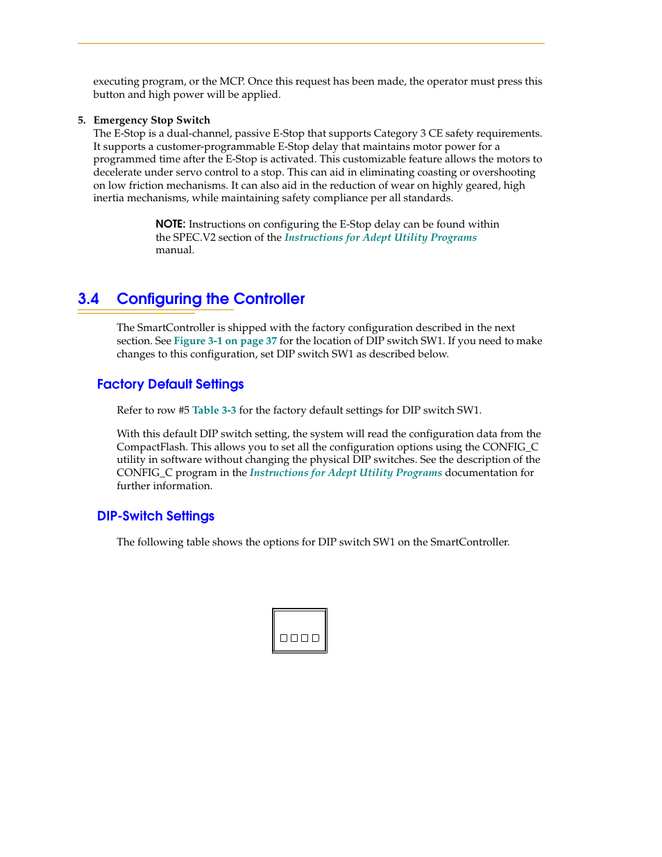 4 configuring the controller, Factory default settings, Dip-switch settings | Nortech Systems Adept RS-232/TERM User Manual | Page 42 / 156